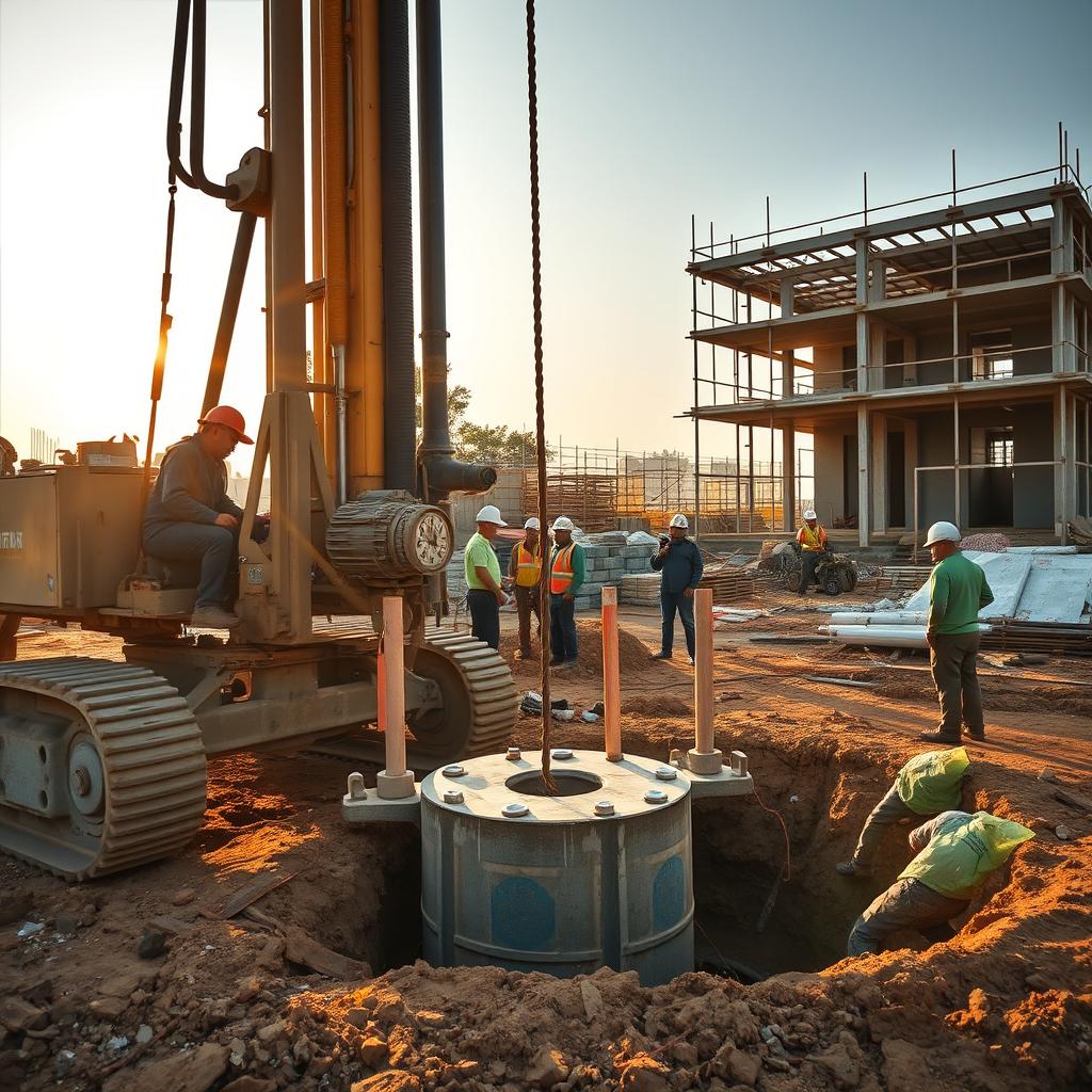 A construction site at a Hadiwijaya Bore Pile worksite. In the foreground, a worker carefully operates a large drilling rig, the powerful machinery sinking a Strauss foundation into the earth. In the middle ground, other workers monitor the process, ensuring precise measurements and proper installation. The background is filled with construction materials, scaffolding, and a partially constructed building, hinting at the larger project. Warm sunlight filters through the scene, casting long shadows and a sense of industrious activity. The overall mood is one of skilled, deliberate labor, showcasing the meticulous Strauss foundation method. A construction site at a Hadiwijaya Bore Pile worksite. In the foreground, a worker carefully operates a large drilling rig, the powerful machinery sinking a Strauss foundation into the earth. In the middle ground, other workers monitor the process, ensuring precise measurements and proper installation. The background is filled with construction materials, scaffolding, and a partially constructed building, hinting at the larger project. Warm sunlight filters through the scene, casting long shadows and a sense of industrious activity. The overall mood is one of skilled, deliberate labor, showcasing the meticulous Strauss foundation method.