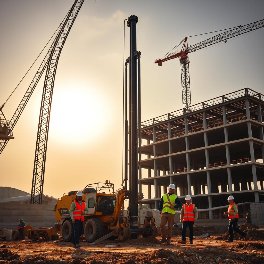 A construction site comes to life, with a towering crane casting long shadows over the bustling activity below. In the center, the Hadiwijaya Bore Pile equipment stands ready, its powerful drill bit poised to pierce the earth and secure the foundation of the project. The workers, clad in hardhats and high-visibility vests, move with practiced precision, guiding the drill through the soil with expert control. The scene is bathed in warm, golden light, casting a sense of progress and accomplishment over the entire operation. The background features a partially constructed building, its steel frame a testament to the ambitious nature of the undertaking. The overall mood is one of efficiency, determination, and the steady march of progress. A construction site comes to life, with a towering crane casting long shadows over the bustling activity below. In the center, the Hadiwijaya Bore Pile equipment stands ready, its powerful drill bit poised to pierce the earth and secure the foundation of the project. The workers, clad in hardhats and high-visibility vests, move with practiced precision, guiding the drill through the soil with expert control. The scene is bathed in warm, golden light, casting a sense of progress and accomplishment over the entire operation. The background features a partially constructed building, its steel frame a testament to the ambitious nature of the undertaking. The overall mood is one of efficiency, determination, and the steady march of progress.