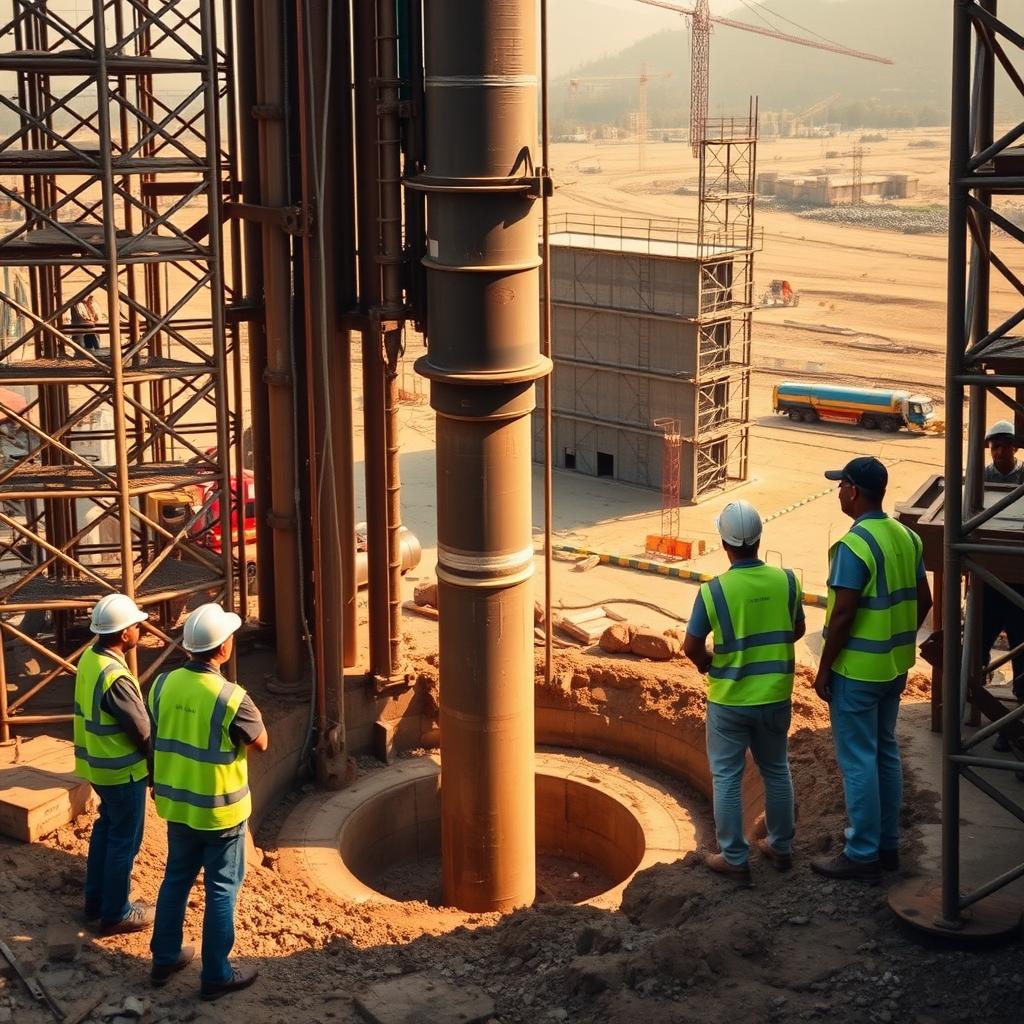 A construction site surrounded by towering scaffolding, where a massive drill bores deep into the earth, creating a cylindrical shaft for the Hadiwijaya Bore Pile foundation. Workers in high-visibility vests carefully guide the drill, their faces determined as they oversee the intricate process. The scene is bathed in warm, golden light, casting long shadows across the site and highlighting the power and precision of the machinery. In the background, a partially completed structure stands, hinting at the larger project that this bore pile will support. The overall atmosphere conveys the technical expertise and careful planning required for this critical infrastructure development. A construction site surrounded by towering scaffolding, where a massive drill bores deep into the earth, creating a cylindrical shaft for the Hadiwijaya Bore Pile foundation. Workers in high-visibility vests carefully guide the drill, their faces determined as they oversee the intricate process. The scene is bathed in warm, golden light, casting long shadows across the site and highlighting the power and precision of the machinery. In the background, a partially completed structure stands, hinting at the larger project that this bore pile will support. The overall atmosphere conveys the technical expertise and careful planning required for this critical infrastructure development.