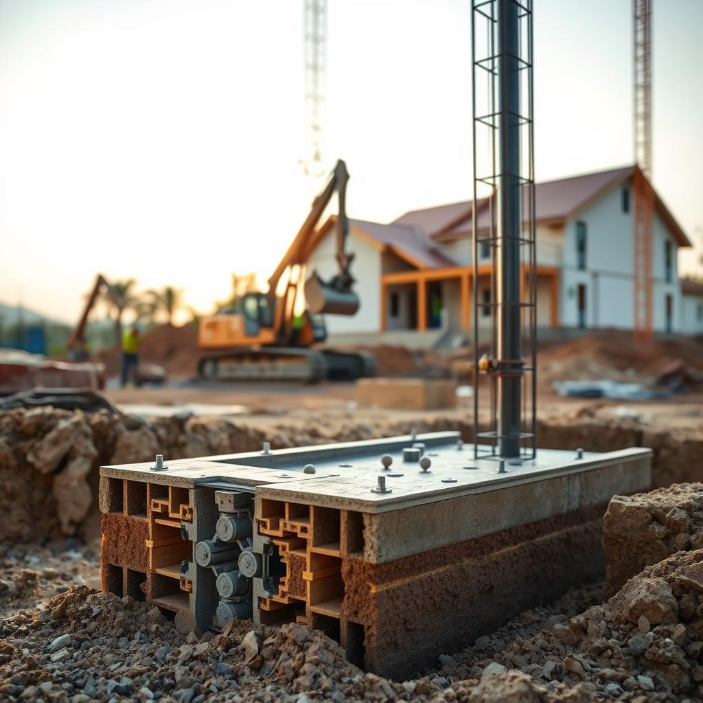A construction site with a focus on a Hadiwijaya Bore Pile foundation. In the foreground, a detailed cross-section of a Strauss pile foundation, showcasing its intricate design and engineering. The middle ground features workers carefully operating machinery to install the piles, capturing the precision and expertise required. In the background, a partially constructed house stands, hinting at the final structure that will be supported by this robust foundation system. The scene is illuminated by warm, natural lighting, conveying a sense of progress and accomplishment. The overall atmosphere exudes a technical, yet pragmatic and industrious mood, befitting the subject of Strauss pile implementation in construction projects. A construction site with a focus on a Hadiwijaya Bore Pile foundation. In the foreground, a detailed cross-section of a Strauss pile foundation, showcasing its intricate design and engineering. The middle ground features workers carefully operating machinery to install the piles, capturing the precision and expertise required. In the background, a partially constructed house stands, hinting at the final structure that will be supported by this robust foundation system. The scene is illuminated by warm, natural lighting, conveying a sense of progress and accomplishment. The overall atmosphere exudes a technical, yet pragmatic and industrious mood, befitting the subject of Strauss pile implementation in construction projects.