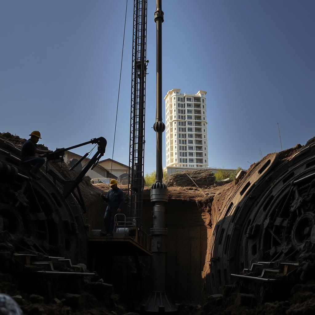 A construction site with a massive Hadiwijaya Bore Pile system, the ground being excavated to reveal the intricate machinery and tools used for the process. In the foreground, workers in hard hats and safety gear are carefully operating the specialized equipment, their faces reflecting the intensity of the task at hand. The middle ground showcases the towering bore pile structure, its powerful hydraulic mechanisms and drilling mechanisms visible. In the background, a partially constructed building rises, hinting at the ultimate purpose of this complex foundation work. The scene is lit by a combination of natural and artificial light, creating dramatic shadows and highlights that accentuate the textures and details of the materials and machinery. The overall atmosphere conveys the challenges and technical precision required in executing a successful bore pile construction project. A construction site with a massive Hadiwijaya Bore Pile system, the ground being excavated to reveal the intricate machinery and tools used for the process. In the foreground, workers in hard hats and safety gear are carefully operating the specialized equipment, their faces reflecting the intensity of the task at hand. The middle ground showcases the towering bore pile structure, its powerful hydraulic mechanisms and drilling mechanisms visible. In the background, a partially constructed building rises, hinting at the ultimate purpose of this complex foundation work. The scene is lit by a combination of natural and artificial light, creating dramatic shadows and highlights that accentuate the textures and details of the materials and machinery. The overall atmosphere conveys the challenges and technical precision required in executing a successful bore pile construction project.