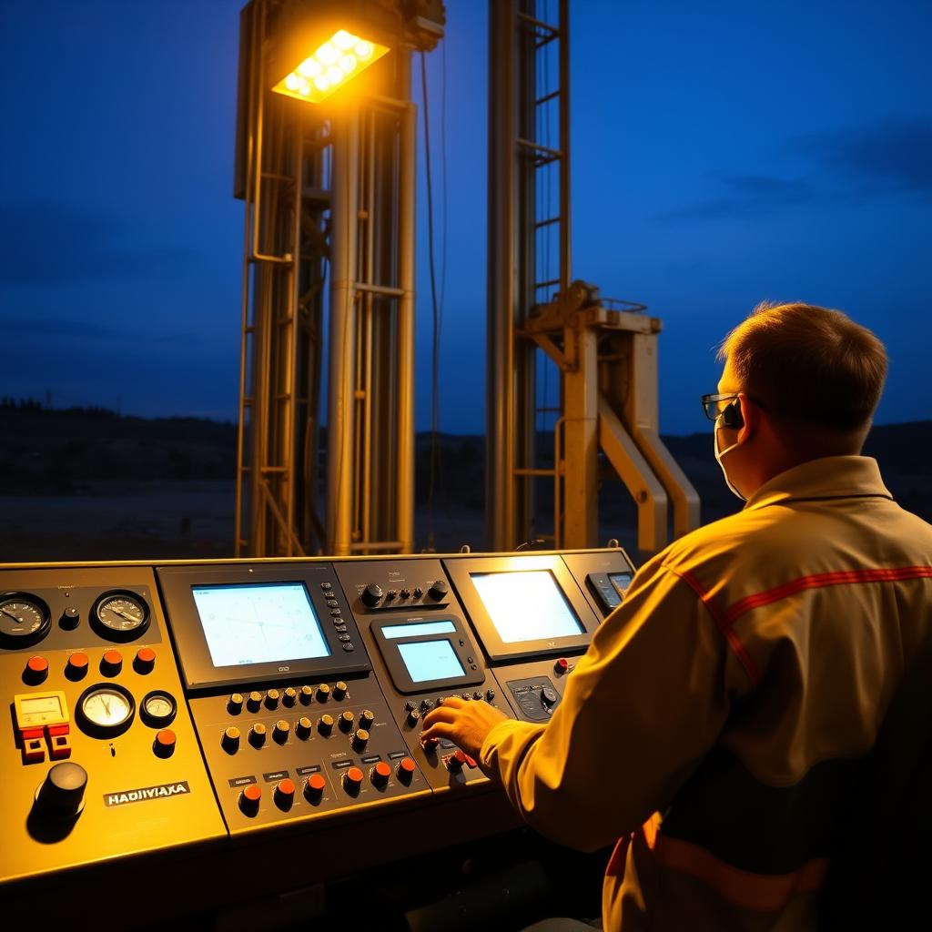 A control panel with precision dials, levers, and switches for a Hadiwijaya Bore Pile drilling rig. The operator stands before a sleek, industrial-grade console, monitoring the drilling process with focused attention. Overhead, powerful spotlights illuminate the control center, casting a warm, technical glow. In the background, the tall, sturdy frame of the drill tower rises, its metallic components gleaming under the carefully-directed illumination. The scene conveys a sense of expertly-engineered control, where skilled operators precisely manage the complex machinery for efficient and reliable pile driving operations. A control panel with precision dials, levers, and switches for a Hadiwijaya Bore Pile drilling rig. The operator stands before a sleek, industrial-grade console, monitoring the drilling process with focused attention. Overhead, powerful spotlights illuminate the control center, casting a warm, technical glow. In the background, the tall, sturdy frame of the drill tower rises, its metallic components gleaming under the carefully-directed illumination. The scene conveys a sense of expertly-engineered control, where skilled operators precisely manage the complex machinery for efficient and reliable pile driving operations.
