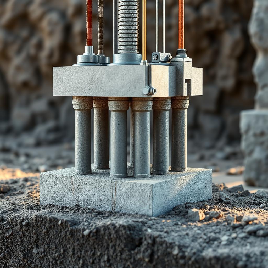 A cross-section of a Hadiwijaya Bore Pile foundation, showcasing its internal structure and key components. The pile is firmly embedded in the ground, with reinforced concrete shafts extending downwards, supported by a robust steel frame. The pile's design ensures optimal load-bearing capacity and stability, making it suitable for various construction projects. The scene is illuminated by soft, natural lighting, highlighting the rugged, industrial aesthetic of the foundation system. The image conveys the function and engineering prowess of this specialized foundation technique. A cross-section of a Hadiwijaya Bore Pile foundation, showcasing its internal structure and key components. The pile is firmly embedded in the ground, with reinforced concrete shafts extending downwards, supported by a robust steel frame. The pile's design ensures optimal load-bearing capacity and stability, making it suitable for various construction projects. The scene is illuminated by soft, natural lighting, highlighting the rugged, industrial aesthetic of the foundation system. The image conveys the function and engineering prowess of this specialized foundation technique.