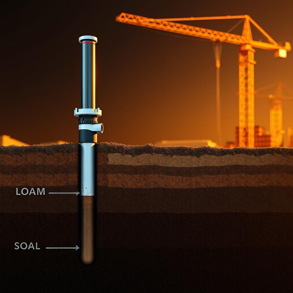 A cross-section of a construction site, showcasing the ideal soil conditions for a Hadiwijaya Bore Pile foundation. In the foreground, a detailed illustration of the pile's structure, highlighting its key components and design. The middle ground depicts a soil profile, with distinct layers of loam, sand, and clay, indicating the optimal soil composition for the Strauss Pile system. In the background, a crane towers over the site, hinting at the larger construction project. The scene is illuminated by warm, diffused lighting, creating a sense of depth and clarity. The overall tone conveys the technical expertise and reliable performance of the Hadiwijaya Bore Pile, suitable for a wide range of geotechnical conditions. A cross-section of a construction site, showcasing the ideal soil conditions for a Hadiwijaya Bore Pile foundation. In the foreground, a detailed illustration of the pile's structure, highlighting its key components and design. The middle ground depicts a soil profile, with distinct layers of loam, sand, and clay, indicating the optimal soil composition for the Strauss Pile system. In the background, a crane towers over the site, hinting at the larger construction project. The scene is illuminated by warm, diffused lighting, creating a sense of depth and clarity. The overall tone conveys the technical expertise and reliable performance of the Hadiwijaya Bore Pile, suitable for a wide range of geotechnical conditions.
