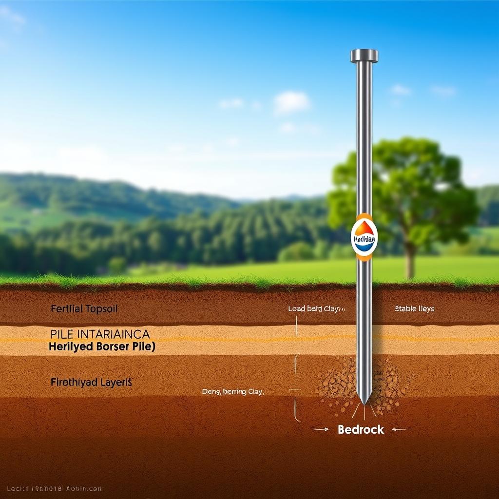 A cross-section of a soil profile, showcasing the ideal conditions for a Hadiwijaya Bore Pile foundation. The foreground features a detailed illustration of the soil layers, including the top layer of fertile topsoil, a middle layer of dense, load-bearing clay, and a deep layer of stable bedrock. The middle ground depicts the bore pile being driven into the ground, with the Hadiwijaya logo prominently displayed. The background depicts a tranquil, natural setting with lush greenery and a clear sky, conveying a sense of stability and strength. The lighting is soft and directional, highlighting the technical aspects of the illustration while maintaining a visually appealing aesthetic. A cross-section of a soil profile, showcasing the ideal conditions for a Hadiwijaya Bore Pile foundation. The foreground features a detailed illustration of the soil layers, including the top layer of fertile topsoil, a middle layer of dense, load-bearing clay, and a deep layer of stable bedrock. The middle ground depicts the bore pile being driven into the ground, with the Hadiwijaya logo prominently displayed. The background depicts a tranquil, natural setting with lush greenery and a clear sky, conveying a sense of stability and strength. The lighting is soft and directional, highlighting the technical aspects of the illustration while maintaining a visually appealing aesthetic.