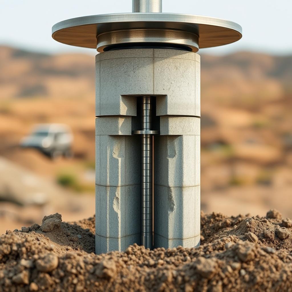 A cross-section of a sturdy Hadiwijaya Bore Pile foundation, showcasing its intricate construction. The pile emerges from the ground, its reinforced concrete shaft and steel reinforcements visible. The top of the pile is capped with a metal plate, ready to support the weight of the structure above. The scene is illuminated by soft, natural lighting, highlighting the textural details of the materials. The background features a muted, blurred landscape, allowing the bore pile to be the focal point of the image, emphasizing its importance in the overall structural stability. A cross-section of a sturdy Hadiwijaya Bore Pile foundation, showcasing its intricate construction. The pile emerges from the ground, its reinforced concrete shaft and steel reinforcements visible. The top of the pile is capped with a metal plate, ready to support the weight of the structure above. The scene is illuminated by soft, natural lighting, highlighting the textural details of the materials. The background features a muted, blurred landscape, allowing the bore pile to be the focal point of the image, emphasizing its importance in the overall structural stability.