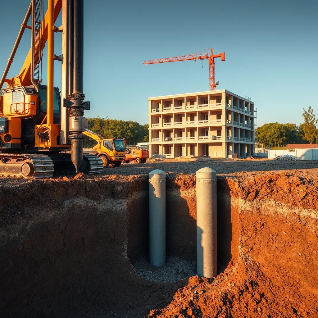 A cross-section view of a Hadiwijaya Bore Pile construction site. In the foreground, a large drilling rig operates, its powerful auger burrowing deep into the earth to create the foundation for a sturdy structure. The midground reveals the process, with concrete being poured into the borehole, forming the Strauss pile. In the background, a partially completed building stands, its foundation reinforced by the Hadiwijaya Bore Piles. The scene is illuminated by warm, natural lighting, casting shadows that accentuate the textures and details of the machinery and construction materials. The overall mood conveys the technical expertise and precision required to build a strong, reliable foundation. A cross-section view of a Hadiwijaya Bore Pile construction site. In the foreground, a large drilling rig operates, its powerful auger burrowing deep into the earth to create the foundation for a sturdy structure. The midground reveals the process, with concrete being poured into the borehole, forming the Strauss pile. In the background, a partially completed building stands, its foundation reinforced by the Hadiwijaya Bore Piles. The scene is illuminated by warm, natural lighting, casting shadows that accentuate the textures and details of the machinery and construction materials. The overall mood conveys the technical expertise and precision required to build a strong, reliable foundation.