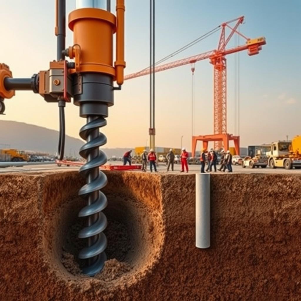 A cross-section view of a construction site, showcasing the process of bore pile installation. In the foreground, a powerful hydraulic drill is piercing through the earth, creating a cylindrical cavity. The middle ground features a team of workers meticulously monitoring the operation, ensuring precise measurements and alignment. In the background, a towering crane stands ready to assist in the placement of the reinforced concrete pile. The scene is illuminated by warm, natural lighting, capturing the technical expertise and coordination required for the "Hadiwijaya Bore Pile" system. The overall atmosphere conveys the importance of selecting the appropriate bore pile size to support the building's foundation, as per the article's focus. A cross-section view of a construction site, showcasing the process of bore pile installation. In the foreground, a powerful hydraulic drill is piercing through the earth, creating a cylindrical cavity. The middle ground features a team of workers meticulously monitoring the operation, ensuring precise measurements and alignment. In the background, a towering crane stands ready to assist in the placement of the reinforced concrete pile. The scene is illuminated by warm, natural lighting, capturing the technical expertise and coordination required for the "Hadiwijaya Bore Pile" system. The overall atmosphere conveys the importance of selecting the appropriate bore pile size to support the building's foundation, as per the article's focus.