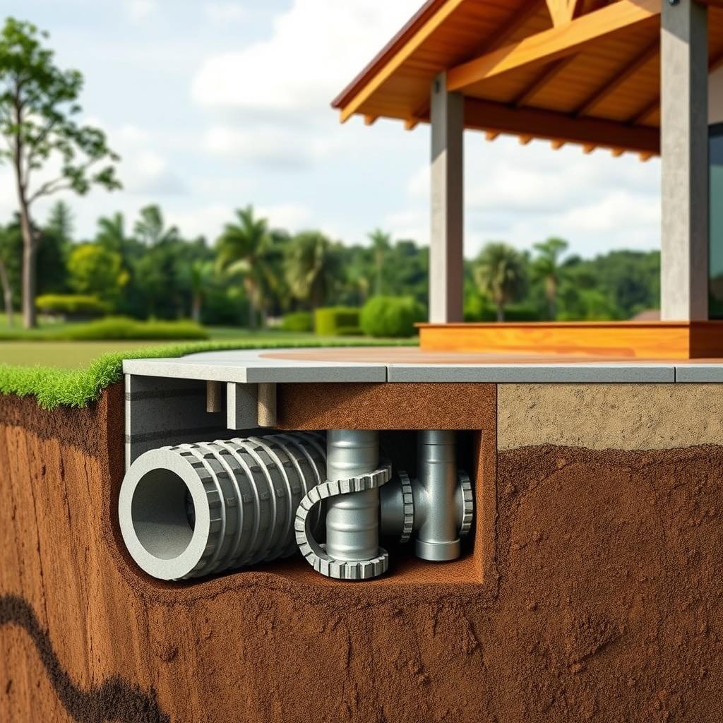 A cross-section view of a residential house foundation featuring the Hadiwijaya Bore Pile system. The foreground showcases the intricate details of the Strauss pile design, with its distinctive helical shape and reinforced concrete structure. The middle ground highlights the seamless integration of the piles into the overall foundation, while the background depicts the surrounding landscape, including lush greenery and a clear sky. The scene conveys a sense of stability, durability, and precision engineering, perfectly capturing the advantages of the Strauss pile technology for construction projects. A cross-section view of a residential house foundation featuring the Hadiwijaya Bore Pile system. The foreground showcases the intricate details of the Strauss pile design, with its distinctive helical shape and reinforced concrete structure. The middle ground highlights the seamless integration of the piles into the overall foundation, while the background depicts the surrounding landscape, including lush greenery and a clear sky. The scene conveys a sense of stability, durability, and precision engineering, perfectly capturing the advantages of the Strauss pile technology for construction projects.