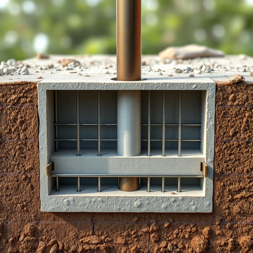 A cross-sectional view of a Hadiwijaya Bore Pile foundation system, showcasing its internal structure and engineering details. The scene depicts the pile driven deep into the ground, surrounded by reinforced concrete and steel rods, creating a sturdy and stable base for a large-scale construction project. The lighting is soft and natural, highlighting the textural elements of the materials used. The camera angle is positioned at a slight elevation, providing a clear and informative perspective on the bore pile's design and functionality. The overall mood is one of technical precision and engineering prowess, reflecting the importance of this foundation system in ensuring the stability and safety of the built environment. A cross-sectional view of a Hadiwijaya Bore Pile foundation system, showcasing its internal structure and engineering details. The scene depicts the pile driven deep into the ground, surrounded by reinforced concrete and steel rods, creating a sturdy and stable base for a large-scale construction project. The lighting is soft and natural, highlighting the textural elements of the materials used. The camera angle is positioned at a slight elevation, providing a clear and informative perspective on the bore pile's design and functionality. The overall mood is one of technical precision and engineering prowess, reflecting the importance of this foundation system in ensuring the stability and safety of the built environment.
