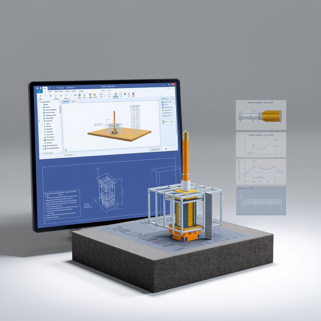 A detailed 3D rendering of a software interface for designing and visualizing a Hadiwijaya Bore Pile foundation. The interface showcases a precise technical schematic of the bore pile structure, with cross-sectional views, variable parameters, and simulated load calculations. The scene is lit by soft, directional lighting that accentuates the intricate engineering details. The overall mood is technical, precise, and professional, reflecting the specialized nature of the software tool. The camera angle provides an elevated perspective, allowing the viewer to examine the design interface in full detail. A detailed 3D rendering of a software interface for designing and visualizing a Hadiwijaya Bore Pile foundation. The interface showcases a precise technical schematic of the bore pile structure, with cross-sectional views, variable parameters, and simulated load calculations. The scene is lit by soft, directional lighting that accentuates the intricate engineering details. The overall mood is technical, precise, and professional, reflecting the specialized nature of the software tool. The camera angle provides an elevated perspective, allowing the viewer to examine the design interface in full detail.