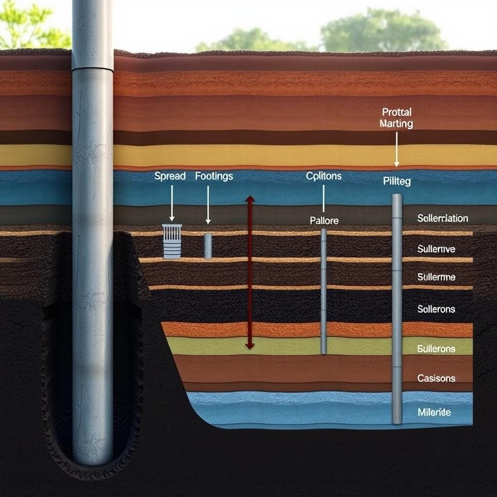 A detailed cross-section comparison of the Hadiwijaya Bore Pile and other foundation types. In the foreground, a large Hadiwijaya Bore Pile extends deep into the earth, its reinforced concrete structure visible. In the middle ground, various other foundation options are shown, such as spread footings, pile foundations, and caissons, each with their own distinct profiles. The background depicts the layered geological strata, highlighting the differences in how each foundation type interacts with the soil. The scene is illuminated by a soft, natural light, emphasizing the technical details and engineering principles at play. The overall mood is one of informed analysis, guiding the viewer through the nuances of foundation selection for construction projects. A detailed cross-section comparison of the Hadiwijaya Bore Pile and other foundation types. In the foreground, a large Hadiwijaya Bore Pile extends deep into the earth, its reinforced concrete structure visible. In the middle ground, various other foundation options are shown, such as spread footings, pile foundations, and caissons, each with their own distinct profiles. The background depicts the layered geological strata, highlighting the differences in how each foundation type interacts with the soil. The scene is illuminated by a soft, natural light, emphasizing the technical details and engineering principles at play. The overall mood is one of informed analysis, guiding the viewer through the nuances of foundation selection for construction projects.