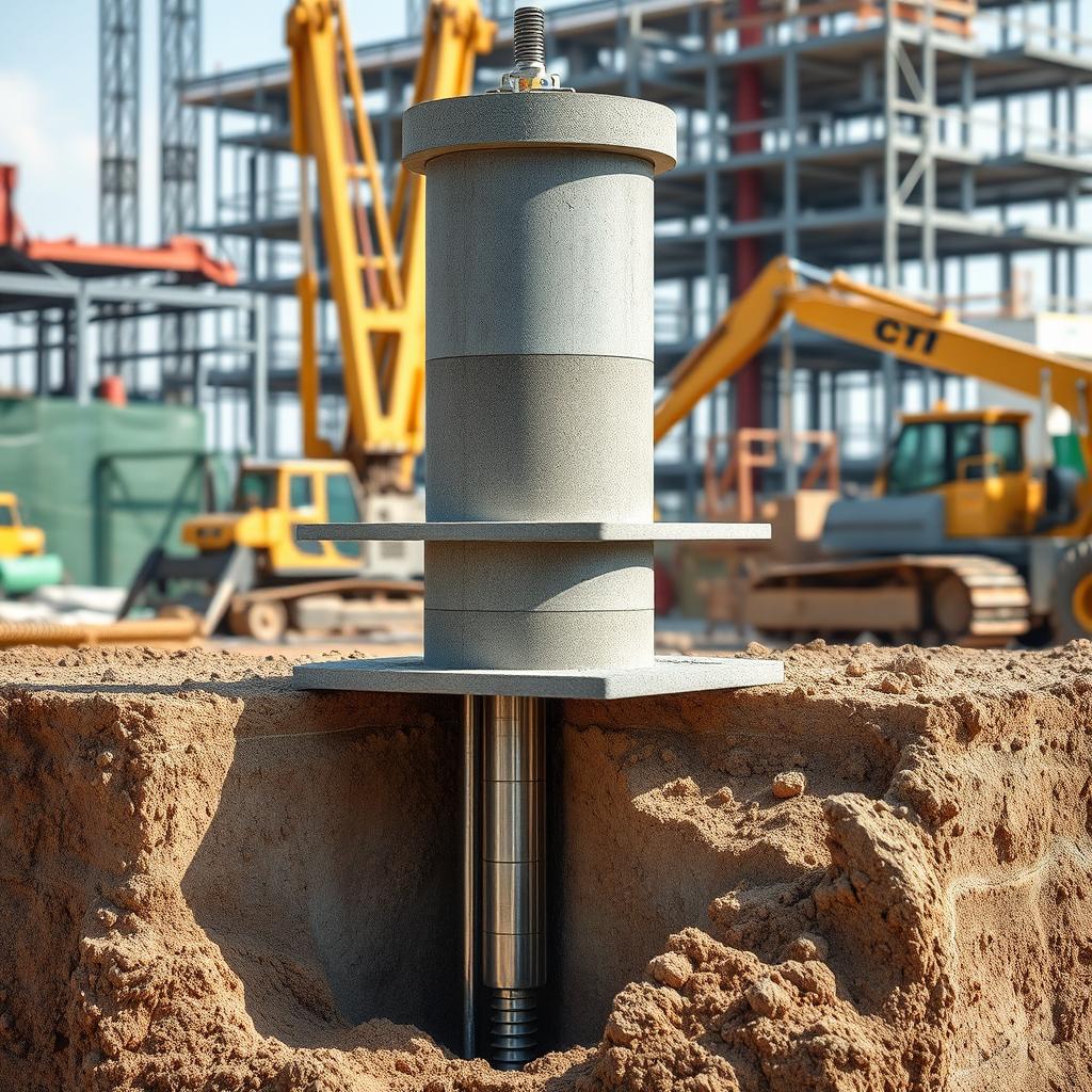 A detailed cross-section of a Hadiwijaya Bore Pile foundation, showcasing the various components and installation process. The scene depicts the bore pile driven into the ground, with the reinforced concrete shaft and steel reinforcing bars clearly visible. The top of the pile is finished with a concrete cap, ready to support the building's superstructure. The background features a construction site with heavy machinery, scaffolding, and other elements typical of a foundation installation project. The lighting is natural, with soft shadows and highlights accentuating the texture and materiality of the bore pile. The overall composition highlights the technical and engineering aspects of this foundation system. A detailed cross-section of a Hadiwijaya Bore Pile foundation, showcasing the various components and installation process. The scene depicts the bore pile driven into the ground, with the reinforced concrete shaft and steel reinforcing bars clearly visible. The top of the pile is finished with a concrete cap, ready to support the building's superstructure. The background features a construction site with heavy machinery, scaffolding, and other elements typical of a foundation installation project. The lighting is natural, with soft shadows and highlights accentuating the texture and materiality of the bore pile. The overall composition highlights the technical and engineering aspects of this foundation system.