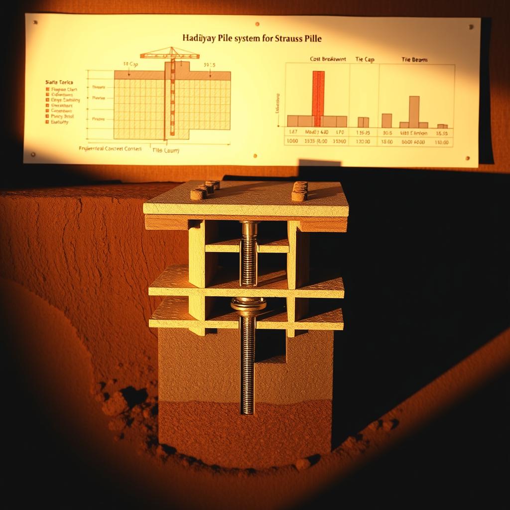 A detailed cross-section of a Hadiwijaya Bore Pile foundation system, showcasing the various components and layers. The foreground features the pile itself, with its steel reinforcement and concrete core, firmly embedded into the soil. The middle ground displays the intricate connections and supporting structures, such as the pile cap and tie beams. In the background, a technical diagram illustrates the cost breakdown and calculations for the Strauss Pile system, providing a clear visual reference for the engineering and financial aspects. The scene is illuminated by warm, directional lighting, casting shadows that emphasize the depth and complexity of the design. The overall mood is one of technical precision and engineering excellence, reflecting the subject matter of the article section. A detailed cross-section of a Hadiwijaya Bore Pile foundation system, showcasing the various components and layers. The foreground features the pile itself, with its steel reinforcement and concrete core, firmly embedded into the soil. The middle ground displays the intricate connections and supporting structures, such as the pile cap and tie beams. In the background, a technical diagram illustrates the cost breakdown and calculations for the Strauss Pile system, providing a clear visual reference for the engineering and financial aspects. The scene is illuminated by warm, directional lighting, casting shadows that emphasize the depth and complexity of the design. The overall mood is one of technical precision and engineering excellence, reflecting the subject matter of the article section.