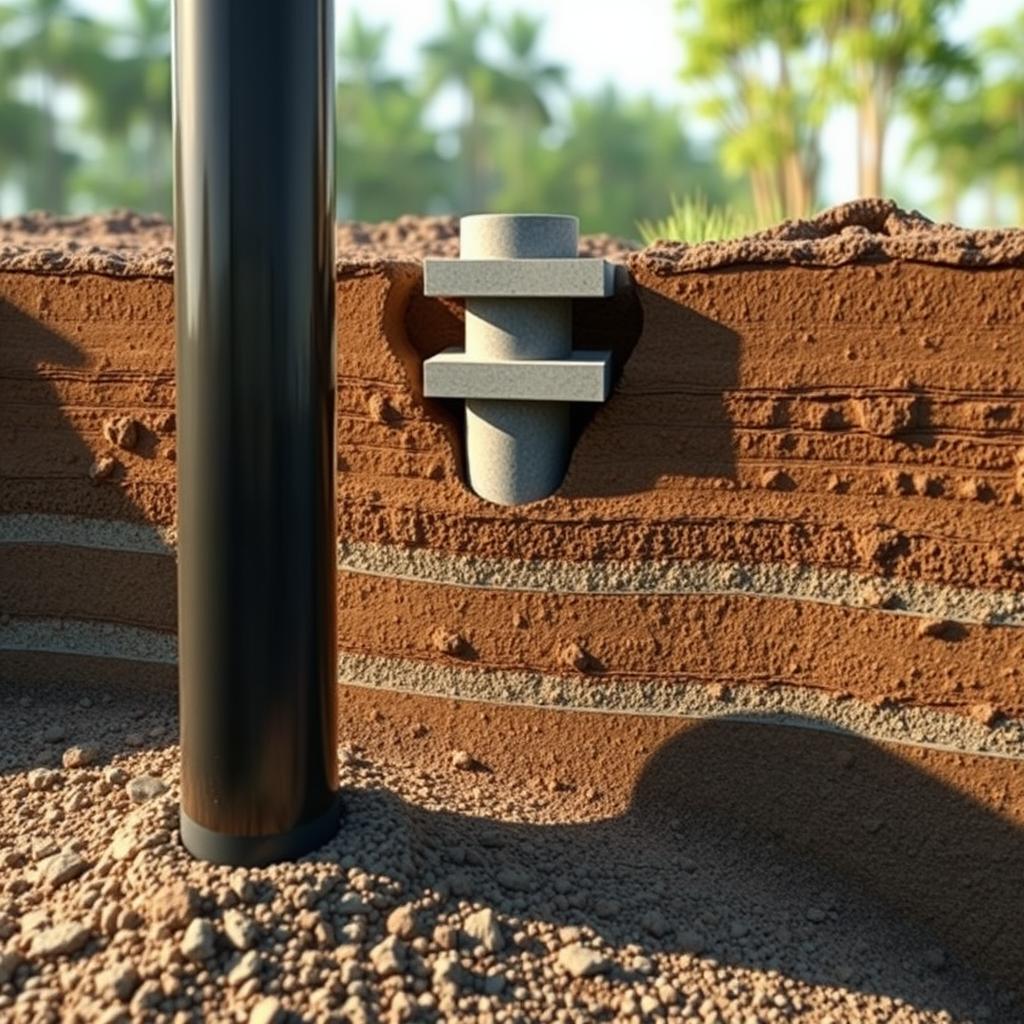 A detailed cross-section of a "Hadiwijaya Bore Pile" foundation system. In the foreground, the bore pile is visible, its cylindrical steel reinforced concrete structure protruding from the ground. In the middle ground, the pile cap and connecting concrete beams are shown, illustrating how the bore piles transfer loads to the foundation. The background depicts the surrounding soil layers, with clear distinctions between the topsoil, subsoil, and underlying bedrock. The scene is lit by a soft, natural light, casting subtle shadows that accentuate the structural elements. The overall mood is one of engineering precision and functional elegance, showcasing the technical expertise of the "Hadiwijaya Bore Pile" system. A detailed cross-section of a "Hadiwijaya Bore Pile" foundation system. In the foreground, the bore pile is visible, its cylindrical steel reinforced concrete structure protruding from the ground. In the middle ground, the pile cap and connecting concrete beams are shown, illustrating how the bore piles transfer loads to the foundation. The background depicts the surrounding soil layers, with clear distinctions between the topsoil, subsoil, and underlying bedrock. The scene is lit by a soft, natural light, casting subtle shadows that accentuate the structural elements. The overall mood is one of engineering precision and functional elegance, showcasing the technical expertise of the "Hadiwijaya Bore Pile" system.
