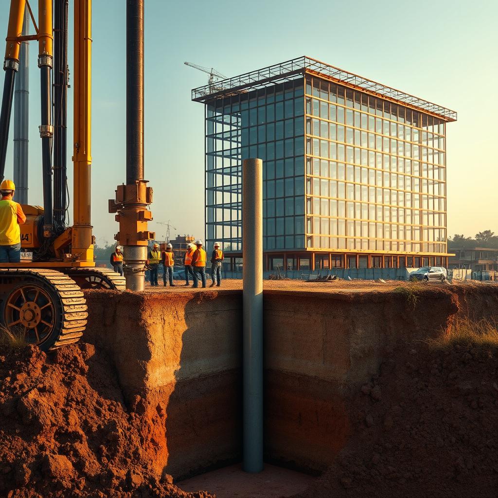 A detailed cross-section view of a Hadiwijaya Bore Pile construction site, showcasing the intricate process of bored pile foundation installation. In the foreground, a powerful drilling rig bores into the earth, its powerful auger carving a cylindrical cavity. Surrounding it, a team of skilled workers monitor the operation, their hard hats and safety vests indicating the professional nature of the project. In the middle ground, the freshly drilled pile is visible, its reinforced concrete shaft rising from the ground, ready to support the weight of the future structure. In the background, a partially completed building stands, its steel frame and glass facade hinting at the grand design. Warm lighting illuminates the scene, casting dramatic shadows and highlighting the technical precision of the Hadiwijaya Bore Pile construction process. A detailed cross-section view of a Hadiwijaya Bore Pile construction site, showcasing the intricate process of bored pile foundation installation. In the foreground, a powerful drilling rig bores into the earth, its powerful auger carving a cylindrical cavity. Surrounding it, a team of skilled workers monitor the operation, their hard hats and safety vests indicating the professional nature of the project. In the middle ground, the freshly drilled pile is visible, its reinforced concrete shaft rising from the ground, ready to support the weight of the future structure. In the background, a partially completed building stands, its steel frame and glass facade hinting at the grand design. Warm lighting illuminates the scene, casting dramatic shadows and highlighting the technical precision of the Hadiwijaya Bore Pile construction process.