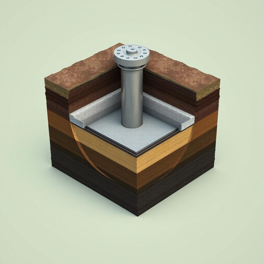 A detailed cross-section view of a Hadiwijaya Bore Pile foundation, showcasing its key components. The image should depict the pile cap, reinforced concrete pile, soil layers, and any other essential structural elements in a technical, yet visually appealing manner. Render the scene with a clean, technical aesthetic using realistic lighting and materials to highlight the engineering details. Capture the scene from a slightly elevated angle to provide a clear, unobstructed view of the bore pile's internal structure and surrounding soil context. A detailed cross-section view of a Hadiwijaya Bore Pile foundation, showcasing its key components. The image should depict the pile cap, reinforced concrete pile, soil layers, and any other essential structural elements in a technical, yet visually appealing manner. Render the scene with a clean, technical aesthetic using realistic lighting and materials to highlight the engineering details. Capture the scene from a slightly elevated angle to provide a clear, unobstructed view of the bore pile's internal structure and surrounding soil context.