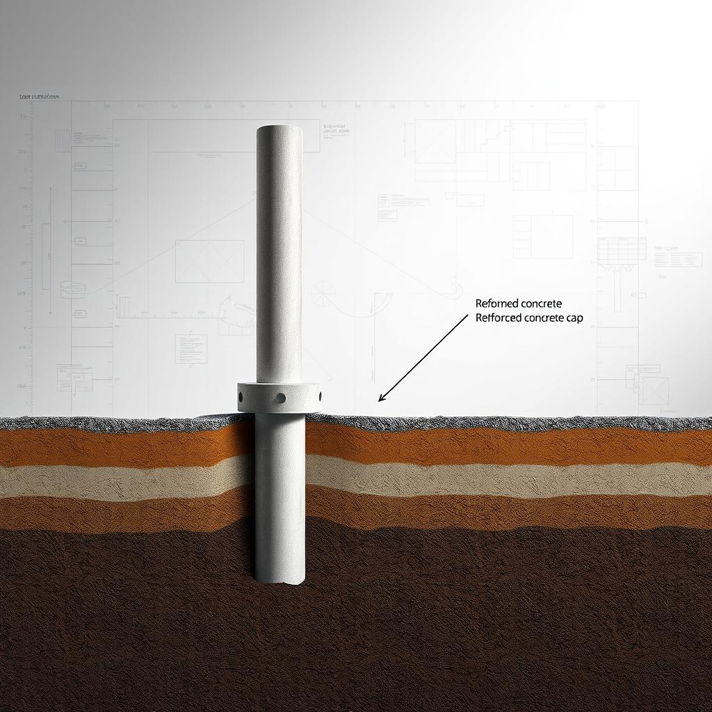 A detailed, cross-sectional illustration of a Hadiwijaya Bore Pile foundation. The foreground depicts the bore pile structure, with its reinforced concrete shaft and reinforced concrete cap. The middle ground showcases the surrounding soil layers, including compacted gravel and clay. In the background, a neutral gray gradient creates a technical, blueprint-like atmosphere. Crisp, high-contrast lighting accentuates the engineering details, such as the pile's diameter, depth, and reinforcement specifications. The overall composition conveys the robustness and precision of this foundation system. A detailed, cross-sectional illustration of a Hadiwijaya Bore Pile foundation. The foreground depicts the bore pile structure, with its reinforced concrete shaft and reinforced concrete cap. The middle ground showcases the surrounding soil layers, including compacted gravel and clay. In the background, a neutral gray gradient creates a technical, blueprint-like atmosphere. Crisp, high-contrast lighting accentuates the engineering details, such as the pile's diameter, depth, and reinforcement specifications. The overall composition conveys the robustness and precision of this foundation system.