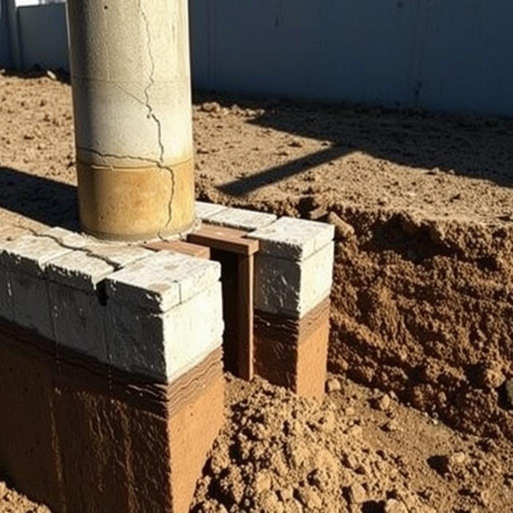 A detailed, cross-sectional view of a faulty Hadiwijaya Bore Pile foundation. In the foreground, improper concrete curing and cracking are visible, compromising the structural integrity. The middle ground showcases misaligned steel reinforcement and inadequate embedment depth. In the background, the surrounding soil conditions appear unstable, with potential issues like water seepage or poor compaction. The lighting is harsh, creating stark shadows that highlight the construction errors. The overall mood conveys a sense of technical failure and the need for diligent quality control during bore pile installation. A detailed, cross-sectional view of a faulty Hadiwijaya Bore Pile foundation. In the foreground, improper concrete curing and cracking are visible, compromising the structural integrity. The middle ground showcases misaligned steel reinforcement and inadequate embedment depth. In the background, the surrounding soil conditions appear unstable, with potential issues like water seepage or poor compaction. The lighting is harsh, creating stark shadows that highlight the construction errors. The overall mood conveys a sense of technical failure and the need for diligent quality control during bore pile installation.