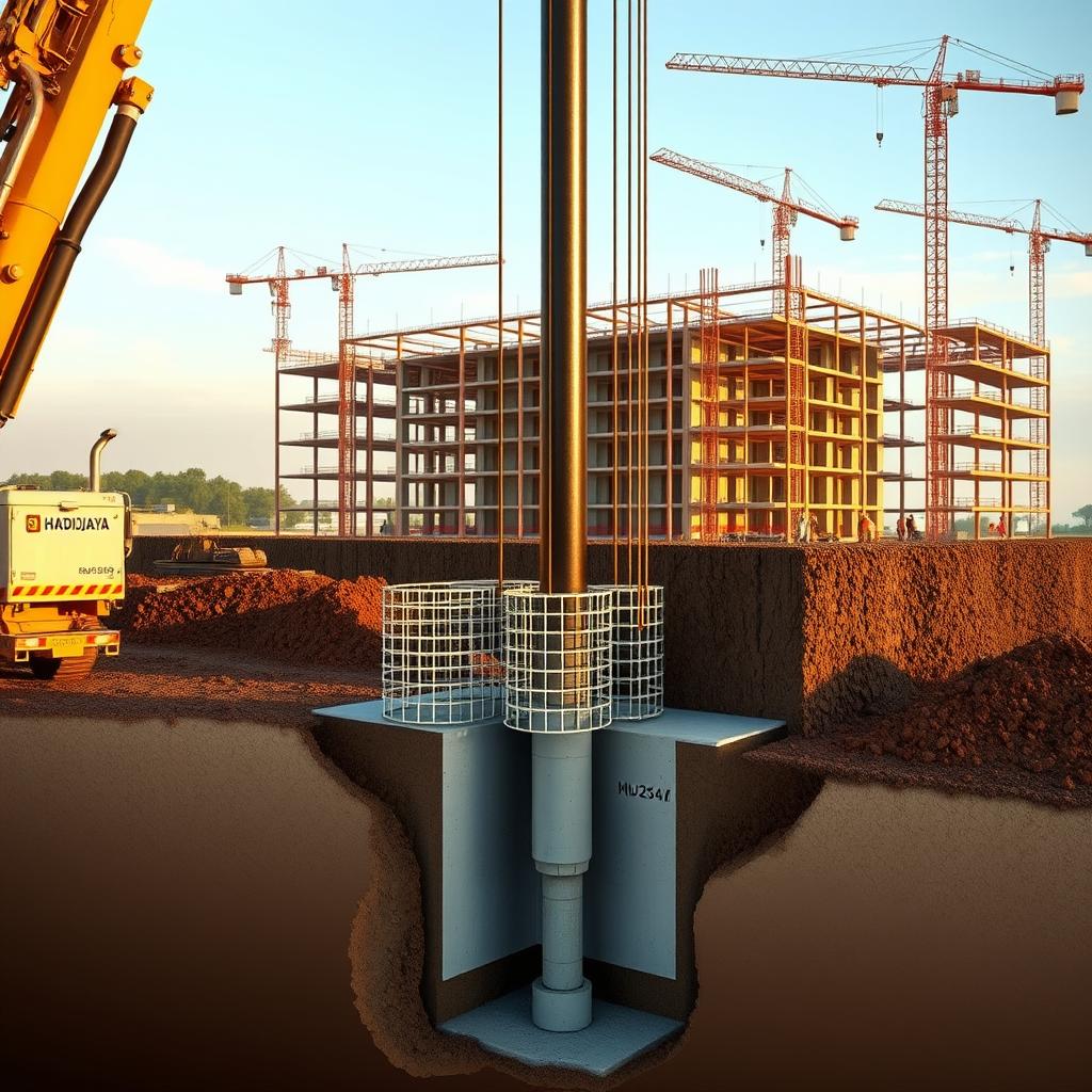 A detailed cutaway view of a construction site, showcasing the step-by-step process of Hadiwijaya Bore Pile installation. The foreground depicts a powerful drilling rig with a long auger bit, penetrating the earth's surface. In the middle ground, reinforcement cages are being lowered into the borehole, while concrete is being poured, creating the foundation pile. The background features the outline of a building under construction, with cranes and workers in the distance, all bathed in warm, natural lighting. The scene conveys the technical precision and engineering prowess involved in the Hadiwijaya Bore Pile construction method. A detailed cutaway view of a construction site, showcasing the step-by-step process of Hadiwijaya Bore Pile installation. The foreground depicts a powerful drilling rig with a long auger bit, penetrating the earth's surface. In the middle ground, reinforcement cages are being lowered into the borehole, while concrete is being poured, creating the foundation pile. The background features the outline of a building under construction, with cranes and workers in the distance, all bathed in warm, natural lighting. The scene conveys the technical precision and engineering prowess involved in the Hadiwijaya Bore Pile construction method.