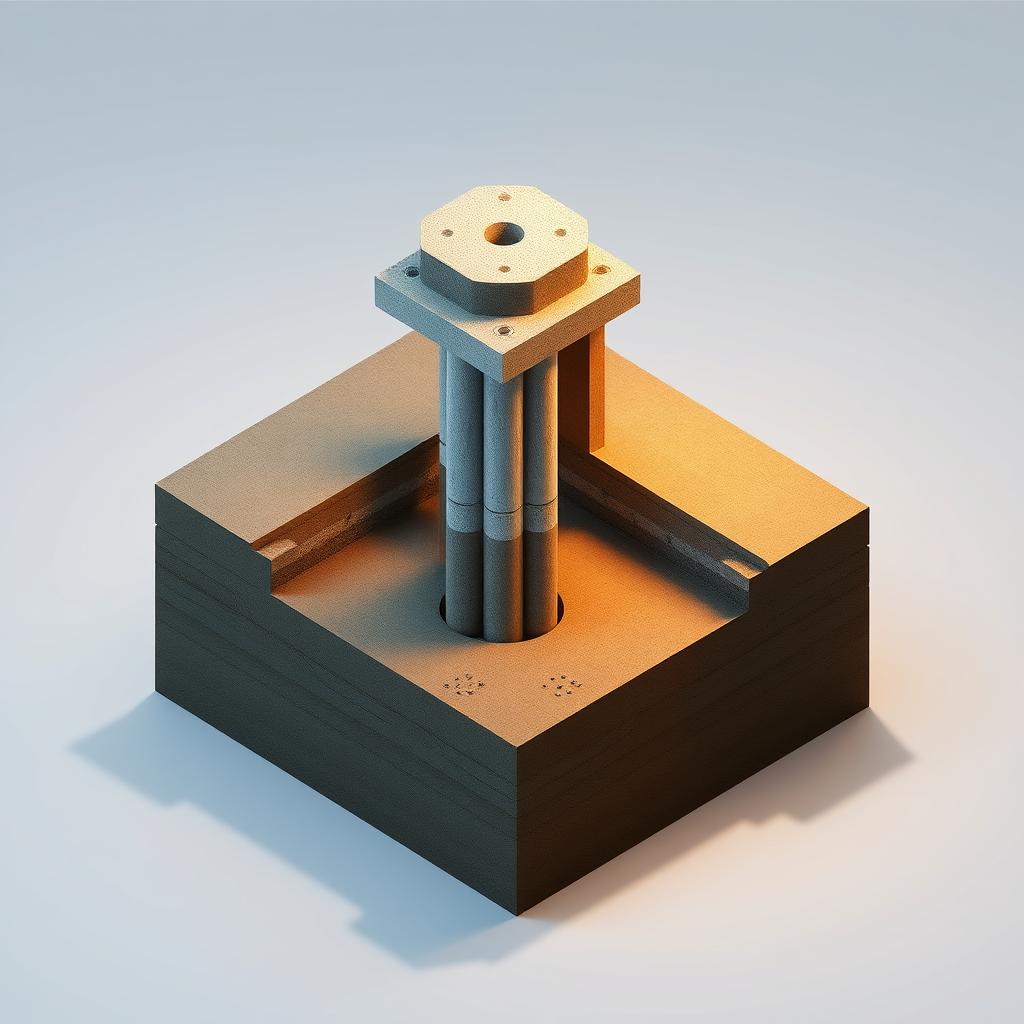 A detailed engineering illustration of a "Hadiwijaya Bore Pile" foundation system. The image showcases the various components and layers of the bore pile design, including the deep vertical concrete columns, the reinforced concrete cap, and the transition from the underground structure to the above-ground superstructure. The scene is illuminated by soft, directional lighting that casts subtle shadows, emphasizing the three-dimensional form and materiality of the elements. The perspective is slightly elevated to provide an angled, isometric view, allowing for clear visualization of the bore pile's internal structure and construction. The overall mood is one of technical precision and structural integrity, befitting the robust and reliable nature of the "Hadiwijaya Bore Pile" foundation solution. A detailed engineering illustration of a "Hadiwijaya Bore Pile" foundation system. The image showcases the various components and layers of the bore pile design, including the deep vertical concrete columns, the reinforced concrete cap, and the transition from the underground structure to the above-ground superstructure. The scene is illuminated by soft, directional lighting that casts subtle shadows, emphasizing the three-dimensional form and materiality of the elements. The perspective is slightly elevated to provide an angled, isometric view, allowing for clear visualization of the bore pile's internal structure and construction. The overall mood is one of technical precision and structural integrity, befitting the robust and reliable nature of the "Hadiwijaya Bore Pile" foundation solution.