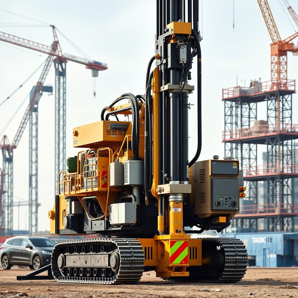 A detailed, fully functional bore pile machine stands prominently in the foreground, its powerful hydraulic arms and drilling mechanisms clearly visible. The mid-ground showcases the machine's various control panels and safety features, while the background depicts a construction site with towering cranes and scaffolding, creating a sense of scale and context. The lighting is crisp and natural, highlighting the machine's intricate engineering and sleek, industrial design. The overall tone is one of precision, power, and professionalism, reflecting the capabilities of the Hadiwijaya Bore Pile machine. A detailed, fully functional bore pile machine stands prominently in the foreground, its powerful hydraulic arms and drilling mechanisms clearly visible. The mid-ground showcases the machine's various control panels and safety features, while the background depicts a construction site with towering cranes and scaffolding, creating a sense of scale and context. The lighting is crisp and natural, highlighting the machine's intricate engineering and sleek, industrial design. The overall tone is one of precision, power, and professionalism, reflecting the capabilities of the Hadiwijaya Bore Pile machine.