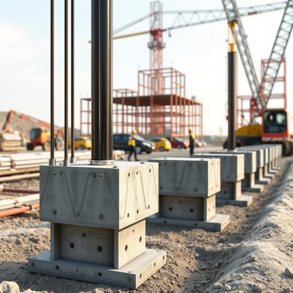 A detailed, hyper-realistic rendering of a Hadiwijaya Bore Pile strauss foundation system in a construction site setting. The strauss pile is shown in the foreground, its steel reinforced concrete structure prominently displayed from various angles. The middle ground features the construction equipment and workers operating around the pile installation. In the background, a partially constructed building or scaffolding is visible, suggesting the broader context of an ongoing construction project. The lighting is natural, with soft shadows and highlights capturing the textures and materials. The overall mood is one of precision, functionality, and the industrious progress of the construction process. A detailed, hyper-realistic rendering of a Hadiwijaya Bore Pile strauss foundation system in a construction site setting. The strauss pile is shown in the foreground, its steel reinforced concrete structure prominently displayed from various angles. The middle ground features the construction equipment and workers operating around the pile installation. In the background, a partially constructed building or scaffolding is visible, suggesting the broader context of an ongoing construction project. The lighting is natural, with soft shadows and highlights capturing the textures and materials. The overall mood is one of precision, functionality, and the industrious progress of the construction process.