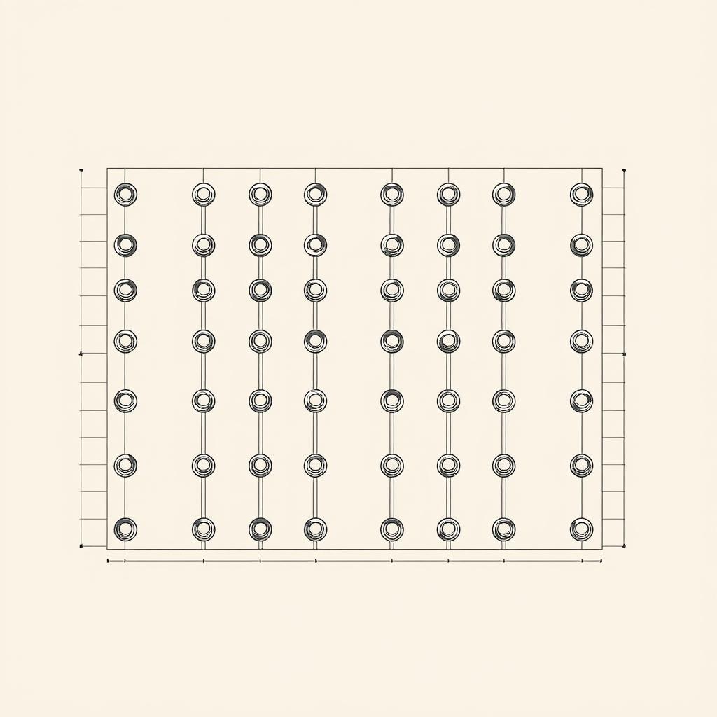 A detailed plan view illustration of a Hadiwijaya Bore Pile foundation system. The image should feature a clean, technical drawing-style aesthetic with precise linework and minimal texturing. The bore piles should be arranged in a symmetrical grid pattern, with each pile clearly defined. The background should be a plain, neutral color to allow the foundation layout to be the focal point. Subtle shadows and highlights should be used to add depth and dimension to the illustration. The overall mood should convey a sense of stability, strength, and engineering precision. A detailed plan view illustration of a Hadiwijaya Bore Pile foundation system. The image should feature a clean, technical drawing-style aesthetic with precise linework and minimal texturing. The bore piles should be arranged in a symmetrical grid pattern, with each pile clearly defined. The background should be a plain, neutral color to allow the foundation layout to be the focal point. Subtle shadows and highlights should be used to add depth and dimension to the illustration. The overall mood should convey a sense of stability, strength, and engineering precision.