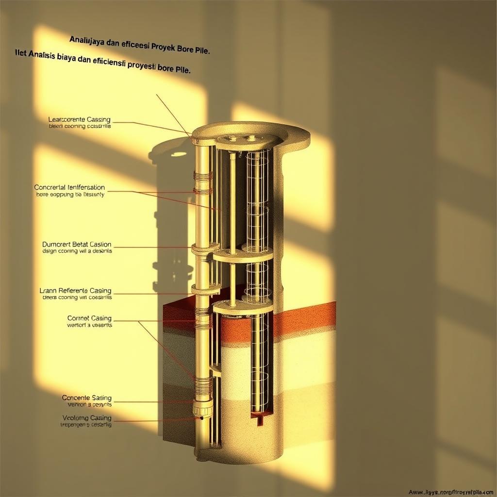 A detailed technical illustration of a Hadiwijaya Bore Pile design, showcasing the intricate cross-section and engineering specifications. The scene is illuminated by a warm, directional light, casting crisp shadows that highlight the complex structural elements. The rendering is captured from a slightly elevated perspective, allowing the viewer to clearly see the bore pile's internal reinforcement, concrete casing, and the surrounding soil strata. The overall mood is one of precision and professionalism, befitting the technical nature of the "Analisis Biaya dan Efisiensi Proyek Bore Pile" subject matter. A detailed technical illustration of a Hadiwijaya Bore Pile design, showcasing the intricate cross-section and engineering specifications. The scene is illuminated by a warm, directional light, casting crisp shadows that highlight the complex structural elements. The rendering is captured from a slightly elevated perspective, allowing the viewer to clearly see the bore pile's internal reinforcement, concrete casing, and the surrounding soil strata. The overall mood is one of precision and professionalism, befitting the technical nature of the "Analisis Biaya dan Efisiensi Proyek Bore Pile" subject matter.