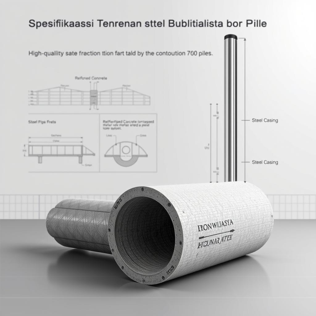 A detailed technical illustration showcasing the specifications of Hadiwijaya Bore Pile, a high-quality foundation solution for building construction. In the foreground, a cross-sectional view of the bore pile, highlighting its reinforced concrete composition, steel casing, and tapered design. The middle ground features engineering diagrams and measurements, conveying the technical details and quality standards. In the background, a clean, minimalist layout with a subtle grid pattern, emphasizing the precision and engineering expertise behind Hadiwijaya Bore Pile. The lighting is soft and even, lending a professional, authoritative tone to the image. The overall composition strikes a balance between technical information and visual appeal, making it an effective visual aid for the article's "Spesifikasi Teknis dan Standar Mutu Bore Pile" section. A detailed technical illustration showcasing the specifications of Hadiwijaya Bore Pile, a high-quality foundation solution for building construction. In the foreground, a cross-sectional view of the bore pile, highlighting its reinforced concrete composition, steel casing, and tapered design. The middle ground features engineering diagrams and measurements, conveying the technical details and quality standards. In the background, a clean, minimalist layout with a subtle grid pattern, emphasizing the precision and engineering expertise behind Hadiwijaya Bore Pile. The lighting is soft and even, lending a professional, authoritative tone to the image. The overall composition strikes a balance between technical information and visual appeal, making it an effective visual aid for the article's "Spesifikasi Teknis dan Standar Mutu Bore Pile" section.