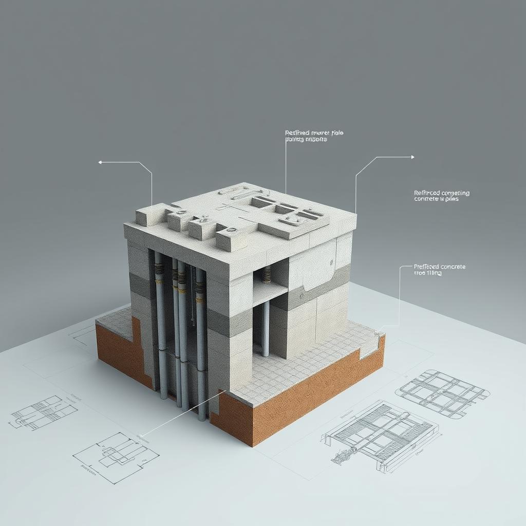 A highly detailed blueprint schematic of a "Hadiwijaya Bore Pile" foundation system, showcased in a technical, engineering-style illustration. The image presents a cutaway view, revealing the intricate design and construction of the bore pile infrastructure. Precise engineering diagrams depict the reinforced concrete piles, their precise dimensions, and how they are anchored into the ground. The scene is rendered with a muted, technical color palette, emphasizing the structural components. Subtle shadows and highlights accentuate the three-dimensional depth and materiality of the components. The overall composition conveys a sense of structural integrity and robust engineering, suitable for inclusion in an article on bore pile foundations. A highly detailed blueprint schematic of a "Hadiwijaya Bore Pile" foundation system, showcased in a technical, engineering-style illustration. The image presents a cutaway view, revealing the intricate design and construction of the bore pile infrastructure. Precise engineering diagrams depict the reinforced concrete piles, their precise dimensions, and how they are anchored into the ground. The scene is rendered with a muted, technical color palette, emphasizing the structural components. Subtle shadows and highlights accentuate the three-dimensional depth and materiality of the components. The overall composition conveys a sense of structural integrity and robust engineering, suitable for inclusion in an article on bore pile foundations.