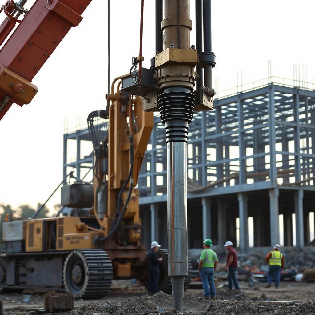 A large, state-of-the-art Hadiwijaya Bore Pile drilling rig stands prominently in the foreground, its powerful hydraulic arms and rotating drill head gleaming in the soft, diffused lighting. In the middle ground, construction workers carefully monitor the drilling process, ensuring precise placement and depth. The background showcases a partially-constructed building, its steel frame and concrete foundations hinting at the larger project this Hadiwijaya Bore Pile is supporting. The scene conveys a sense of efficiency, expertise, and the critical role Hadiwijaya Bore Pile plays in modern construction. A large, state-of-the-art Hadiwijaya Bore Pile drilling rig stands prominently in the foreground, its powerful hydraulic arms and rotating drill head gleaming in the soft, diffused lighting. In the middle ground, construction workers carefully monitor the drilling process, ensuring precise placement and depth. The background showcases a partially-constructed building, its steel frame and concrete foundations hinting at the larger project this Hadiwijaya Bore Pile is supporting. The scene conveys a sense of efficiency, expertise, and the critical role Hadiwijaya Bore Pile plays in modern construction.