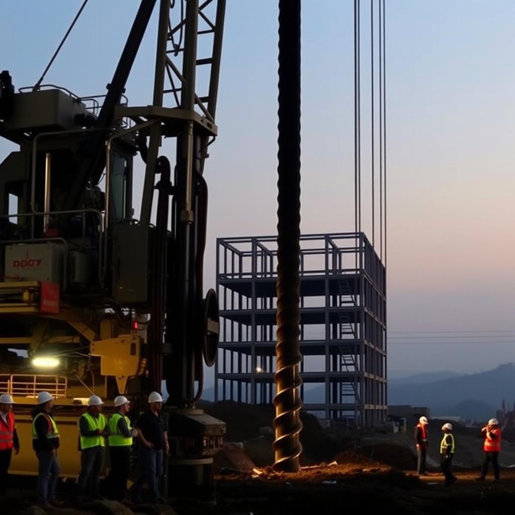 A massive Hadiwijaya Bore Pile machine stands in the foreground, its powerful auger drilling deep into the earth to lay the foundation for a towering structure. Surrounding it, workers in hard hats and safety gear supervise the operation, their faces illuminated by the warm glow of construction lights. In the middle ground, the partially constructed building takes shape, its skeletal frame rising against a hazy, dusky sky. The scene conveys the critical role of the Hadiwijaya Bore Pile machine in the construction process, creating a strong, stable base to support the structure above. A massive Hadiwijaya Bore Pile machine stands in the foreground, its powerful auger drilling deep into the earth to lay the foundation for a towering structure. Surrounding it, workers in hard hats and safety gear supervise the operation, their faces illuminated by the warm glow of construction lights. In the middle ground, the partially constructed building takes shape, its skeletal frame rising against a hazy, dusky sky. The scene conveys the critical role of the Hadiwijaya Bore Pile machine in the construction process, creating a strong, stable base to support the structure above.