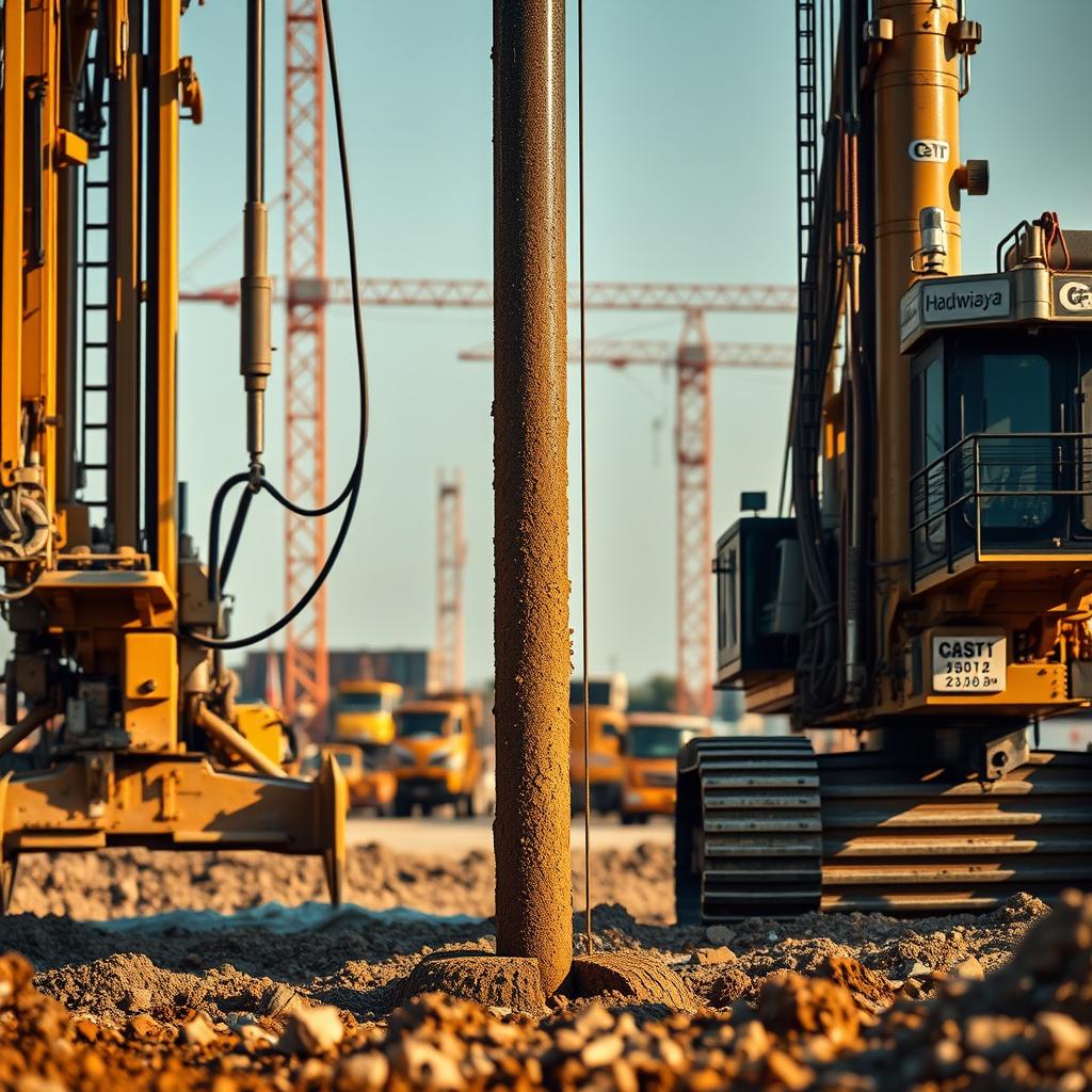 A massive, industrial-grade Hadiwijaya Bore Pile machine stands in the foreground, its powerful drill bit and hydraulic arms poised to dig deep into the earth. The mid-ground showcases the machine's impressive scale, with intricate mechanical details and a sturdy, well-engineered frame. In the background, a construction site bustles with activity, hinting at the machine's role in laying the foundations for a new structure. The scene is illuminated by warm, directional lighting, casting dramatic shadows and highlighting the machine's imposing presence. The overall mood conveys the machine's strength, precision, and essential function in creating a strong, reliable foundation. A massive, industrial-grade Hadiwijaya Bore Pile machine stands in the foreground, its powerful drill bit and hydraulic arms poised to dig deep into the earth. The mid-ground showcases the machine's impressive scale, with intricate mechanical details and a sturdy, well-engineered frame. In the background, a construction site bustles with activity, hinting at the machine's role in laying the foundations for a new structure. The scene is illuminated by warm, directional lighting, casting dramatic shadows and highlighting the machine's imposing presence. The overall mood conveys the machine's strength, precision, and essential function in creating a strong, reliable foundation.