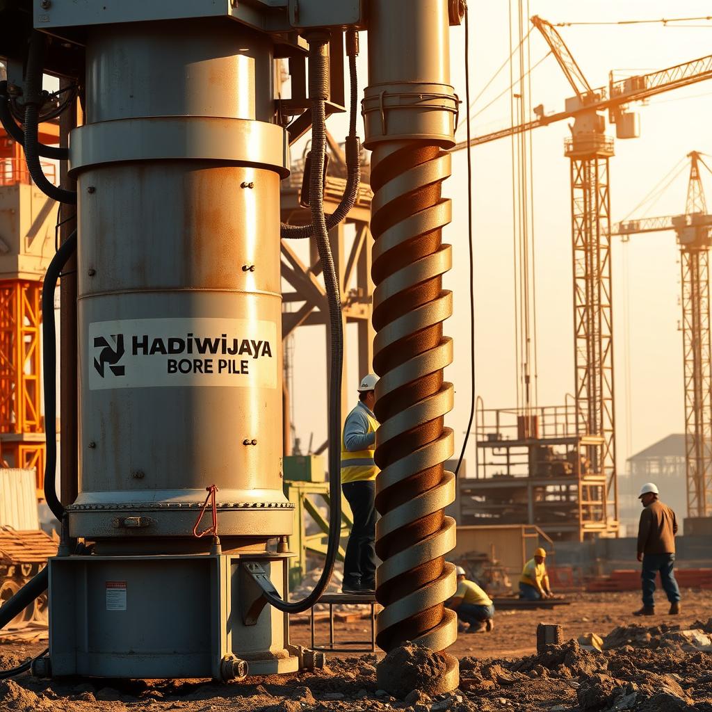 A massive, industrial-grade pile boring machine stands prominently in the foreground, its powerful hydraulic drill bit and sturdy metal frame dominating the scene. The "Hadiwijaya Bore Pile" branding is clearly visible, signifying its high-quality engineering. In the middle ground, the machine's operator oversees the process, guiding the drill as it effortlessly penetrates the earth, preparing the foundation for a sturdy structure. The background features a construction site, with cranes, scaffolding, and workers bustling about, creating a sense of progress and productivity. The lighting is warm and natural, casting a golden glow over the entire scene, conveying a sense of reliability and expertise in the field of foundation construction. A massive, industrial-grade pile boring machine stands prominently in the foreground, its powerful hydraulic drill bit and sturdy metal frame dominating the scene. The "Hadiwijaya Bore Pile" branding is clearly visible, signifying its high-quality engineering. In the middle ground, the machine's operator oversees the process, guiding the drill as it effortlessly penetrates the earth, preparing the foundation for a sturdy structure. The background features a construction site, with cranes, scaffolding, and workers bustling about, creating a sense of progress and productivity. The lighting is warm and natural, casting a golden glow over the entire scene, conveying a sense of reliability and expertise in the field of foundation construction.