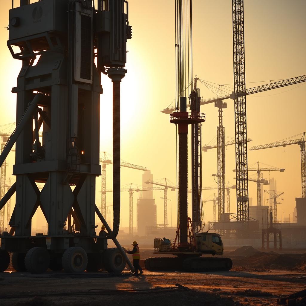 A massive, state-of-the-art Hadiwijaya Bore Pile rig dominates the foreground, its towering frame and powerful hydraulic mechanisms casting dramatic shadows across the construction site. In the middle ground, a team of skilled operators precisely maneuver the drill, carefully penetrating the earth to create the sturdy foundations for a new high-rise building. The background is filled with the hazy silhouettes of cranes, scaffolding, and other heavy machinery, conveying the scale and complexity of the construction project. Warm, golden lighting illuminates the scene, evoking a sense of progress and industry. The overall atmosphere is one of precision, power, and the relentless drive to build a stronger, more resilient infrastructure. A massive, state-of-the-art Hadiwijaya Bore Pile rig dominates the foreground, its towering frame and powerful hydraulic mechanisms casting dramatic shadows across the construction site. In the middle ground, a team of skilled operators precisely maneuver the drill, carefully penetrating the earth to create the sturdy foundations for a new high-rise building. The background is filled with the hazy silhouettes of cranes, scaffolding, and other heavy machinery, conveying the scale and complexity of the construction project. Warm, golden lighting illuminates the scene, evoking a sense of progress and industry. The overall atmosphere is one of precision, power, and the relentless drive to build a stronger, more resilient infrastructure.
