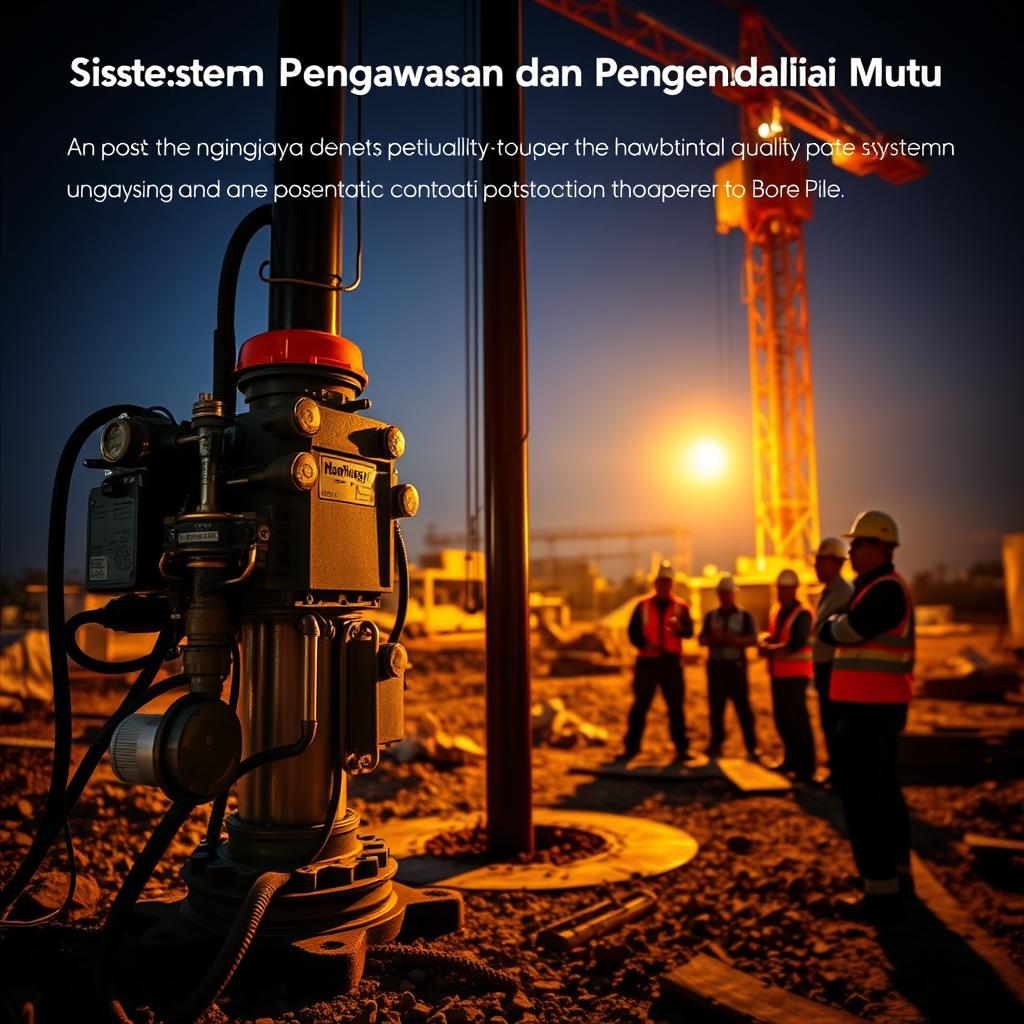 A meticulously engineered construction site, illuminated by warm, directional lighting. In the foreground, the Hadiwijaya Bore Pile system stands as the centerpiece, its intricate mechanisms and quality control instruments on full display. The middle ground features a team of skilled technicians monitoring the piling process, their faces etched with concentration. In the background, a towering crane looms, symbolizing the scale and complexity of the foundation work. The scene conveys a sense of precision, expertise, and unwavering commitment to quality assurance, reflecting the essential "Sistem Pengawasan dan Pengendalian Mutu" that underpins the Bore Pile construction method. A meticulously engineered construction site, illuminated by warm, directional lighting. In the foreground, the Hadiwijaya Bore Pile system stands as the centerpiece, its intricate mechanisms and quality control instruments on full display. The middle ground features a team of skilled technicians monitoring the piling process, their faces etched with concentration. In the background, a towering crane looms, symbolizing the scale and complexity of the foundation work. The scene conveys a sense of precision, expertise, and unwavering commitment to quality assurance, reflecting the essential "Sistem Pengawasan dan Pengendalian Mutu" that underpins the Bore Pile construction method.