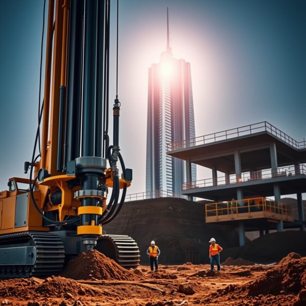 A modern, sleek bore pile construction site, featuring the Hadiwijaya Bore Pile system. In the foreground, a large rig effortlessly drills into the earth, its powerful mechanism precisely carving out the foundation. The middle ground showcases the intricate process, with workers expertly guiding the operation. In the background, a towering, state-of-the-art building rises, a testament to the strength and reliability of the Hadiwijaya Bore Pile technology. Crisp, high-contrast lighting illuminates the scene, capturing the efficiency and sophistication of this advanced construction method. The overall atmosphere exudes a sense of progress, innovation, and the seamless integration of modern engineering within the built environment. A modern, sleek bore pile construction site, featuring the Hadiwijaya Bore Pile system. In the foreground, a large rig effortlessly drills into the earth, its powerful mechanism precisely carving out the foundation. The middle ground showcases the intricate process, with workers expertly guiding the operation. In the background, a towering, state-of-the-art building rises, a testament to the strength and reliability of the Hadiwijaya Bore Pile technology. Crisp, high-contrast lighting illuminates the scene, capturing the efficiency and sophistication of this advanced construction method. The overall atmosphere exudes a sense of progress, innovation, and the seamless integration of modern engineering within the built environment.