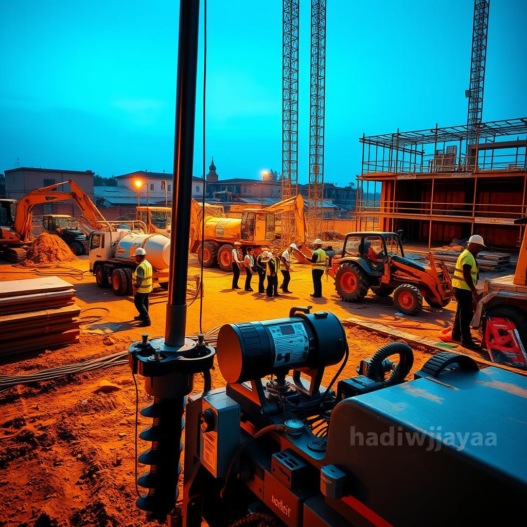 A professional construction site featuring a variety of specialized equipment for bore pile work. In the foreground, a Hadiwijaya Bore Pile rig with a powerful auger drill and hydraulic controls. In the middle ground, a crew of technicians in hard hats and safety gear operating supporting machinery like cement mixers and backhoes. The background showcases the construction site, with piles of materials, scaffolding, and a partially constructed building. The scene is illuminated by warm, directional lighting, creating dramatic shadows and highlighting the intricate details of the specialized equipment. The overall atmosphere conveys the technical expertise and precision required for professional bore pile installation. A professional construction site featuring a variety of specialized equipment for bore pile work. In the foreground, a Hadiwijaya Bore Pile rig with a powerful auger drill and hydraulic controls. In the middle ground, a crew of technicians in hard hats and safety gear operating supporting machinery like cement mixers and backhoes. The background showcases the construction site, with piles of materials, scaffolding, and a partially constructed building. The scene is illuminated by warm, directional lighting, creating dramatic shadows and highlighting the intricate details of the specialized equipment. The overall atmosphere conveys the technical expertise and precision required for professional bore pile installation.