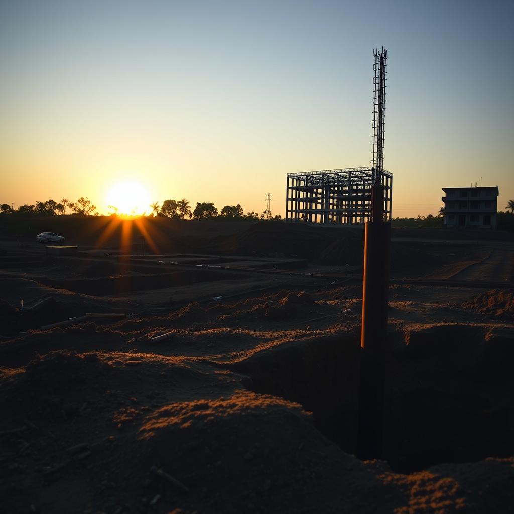 A serene construction site at dusk, with a focus on the limitations of the Strauss Pile foundation system. In the foreground, a Hadiwijaya Bore Pile protrudes from the ground, casting long shadows as the sun dips below the horizon. The middle ground reveals the uneven terrain, highlighting the challenges of this foundation approach. In the background, a partially completed structure stands, a testament to the potential constraints of the Strauss Pile design. The scene is bathed in a warm, golden light, creating a pensive atmosphere that reflects the careful consideration required when selecting the appropriate foundation for a project. A serene construction site at dusk, with a focus on the limitations of the Strauss Pile foundation system. In the foreground, a Hadiwijaya Bore Pile protrudes from the ground, casting long shadows as the sun dips below the horizon. The middle ground reveals the uneven terrain, highlighting the challenges of this foundation approach. In the background, a partially completed structure stands, a testament to the potential constraints of the Strauss Pile design. The scene is bathed in a warm, golden light, creating a pensive atmosphere that reflects the careful consideration required when selecting the appropriate foundation for a project.