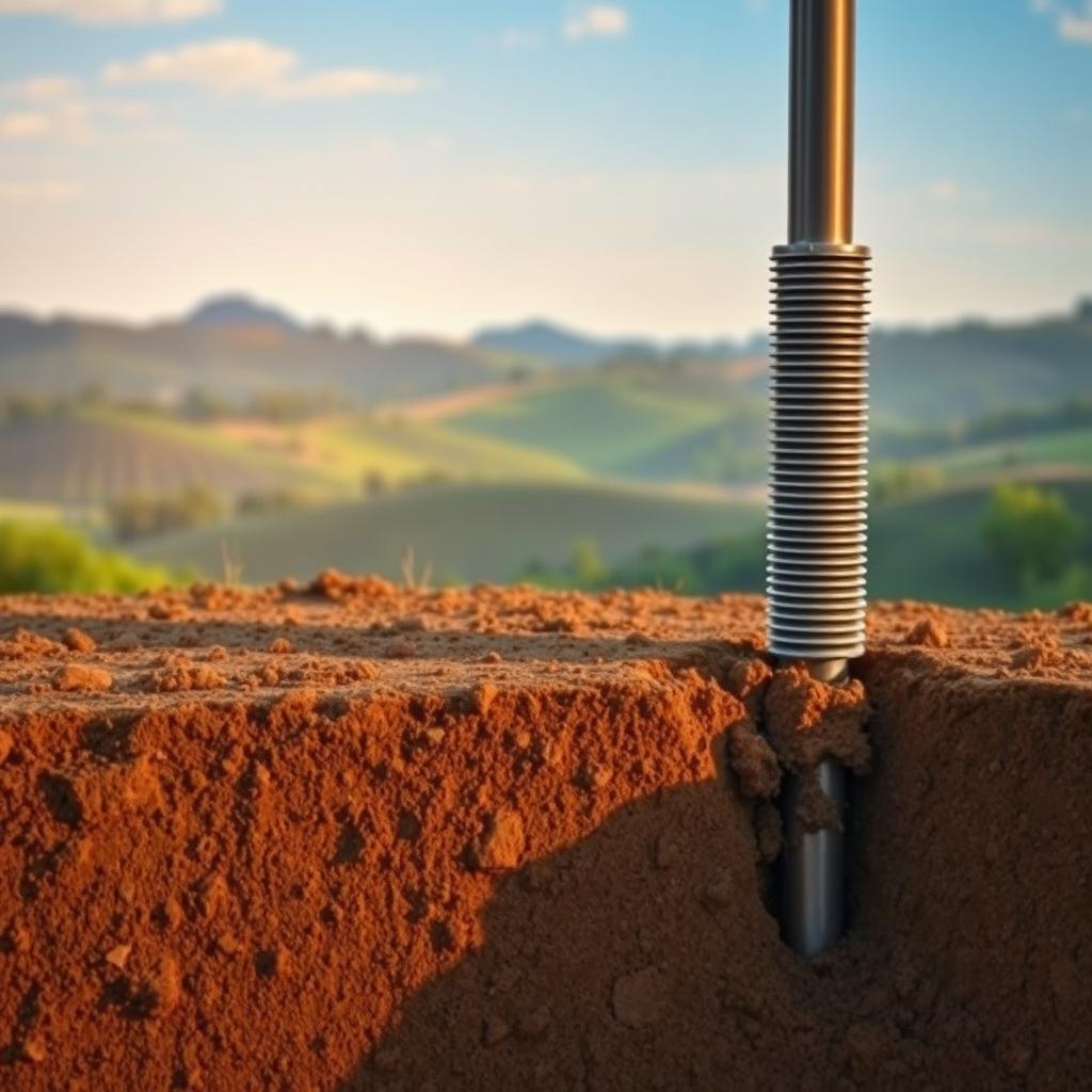 A serene outdoor scene showcasing the ideal soil conditions for a sturdy Hadiwijaya Bore Pile foundation. In the foreground, a cross-section of the earth reveals dense, compacted soil layers, indicating a stable and load-bearing subsurface. The middle ground features a Hadiwijaya Bore Pile being expertly installed, its ribbed steel casing securely anchored into the ground. In the background, a tranquil landscape of rolling hills and lush vegetation creates a calming, natural atmosphere. Warm, directional lighting illuminates the scene, casting subtle shadows and highlighting the textural details of the soil and construction elements. The overall composition conveys the importance of thorough site assessment and the use of high-quality Hadiwijaya Bore Pile systems for building strong, reliable foundations. A serene outdoor scene showcasing the ideal soil conditions for a sturdy Hadiwijaya Bore Pile foundation. In the foreground, a cross-section of the earth reveals dense, compacted soil layers, indicating a stable and load-bearing subsurface. The middle ground features a Hadiwijaya Bore Pile being expertly installed, its ribbed steel casing securely anchored into the ground. In the background, a tranquil landscape of rolling hills and lush vegetation creates a calming, natural atmosphere. Warm, directional lighting illuminates the scene, casting subtle shadows and highlighting the textural details of the soil and construction elements. The overall composition conveys the importance of thorough site assessment and the use of high-quality Hadiwijaya Bore Pile systems for building strong, reliable foundations.