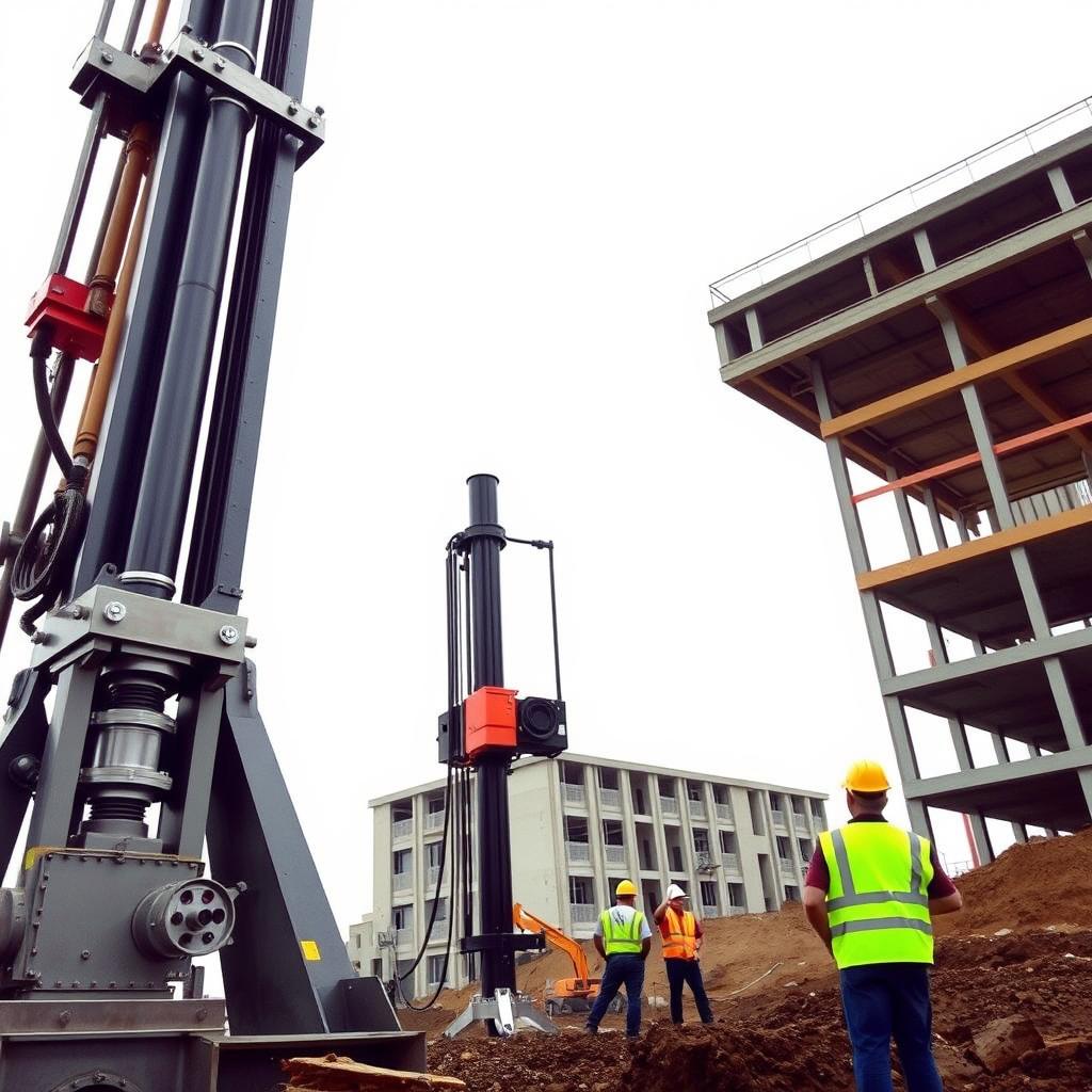 A sleek, modern construction site with the Hadiwijaya Bore Pile machinery prominently displayed. The sturdy, industrial-grade pile driver stands tall, its metallic frame glistening under a bright, overcast sky. In the foreground, the machine's powerful hydraulic mechanisms are visible, hinting at the immense force it can exert. The middle ground features workers in hard hats and safety gear, overseeing the operation. In the background, a partially constructed building frames the scene, suggesting the broader context of the construction project. The overall tone is one of efficiency, reliability, and professionalism, reflecting the Hadiwijaya Bore Pile brand's reputation as a trusted provider of Strauss pile equipment. A sleek, modern construction site with the Hadiwijaya Bore Pile machinery prominently displayed. The sturdy, industrial-grade pile driver stands tall, its metallic frame glistening under a bright, overcast sky. In the foreground, the machine's powerful hydraulic mechanisms are visible, hinting at the immense force it can exert. The middle ground features workers in hard hats and safety gear, overseeing the operation. In the background, a partially constructed building frames the scene, suggesting the broader context of the construction project. The overall tone is one of efficiency, reliability, and professionalism, reflecting the Hadiwijaya Bore Pile brand's reputation as a trusted provider of Strauss pile equipment.
