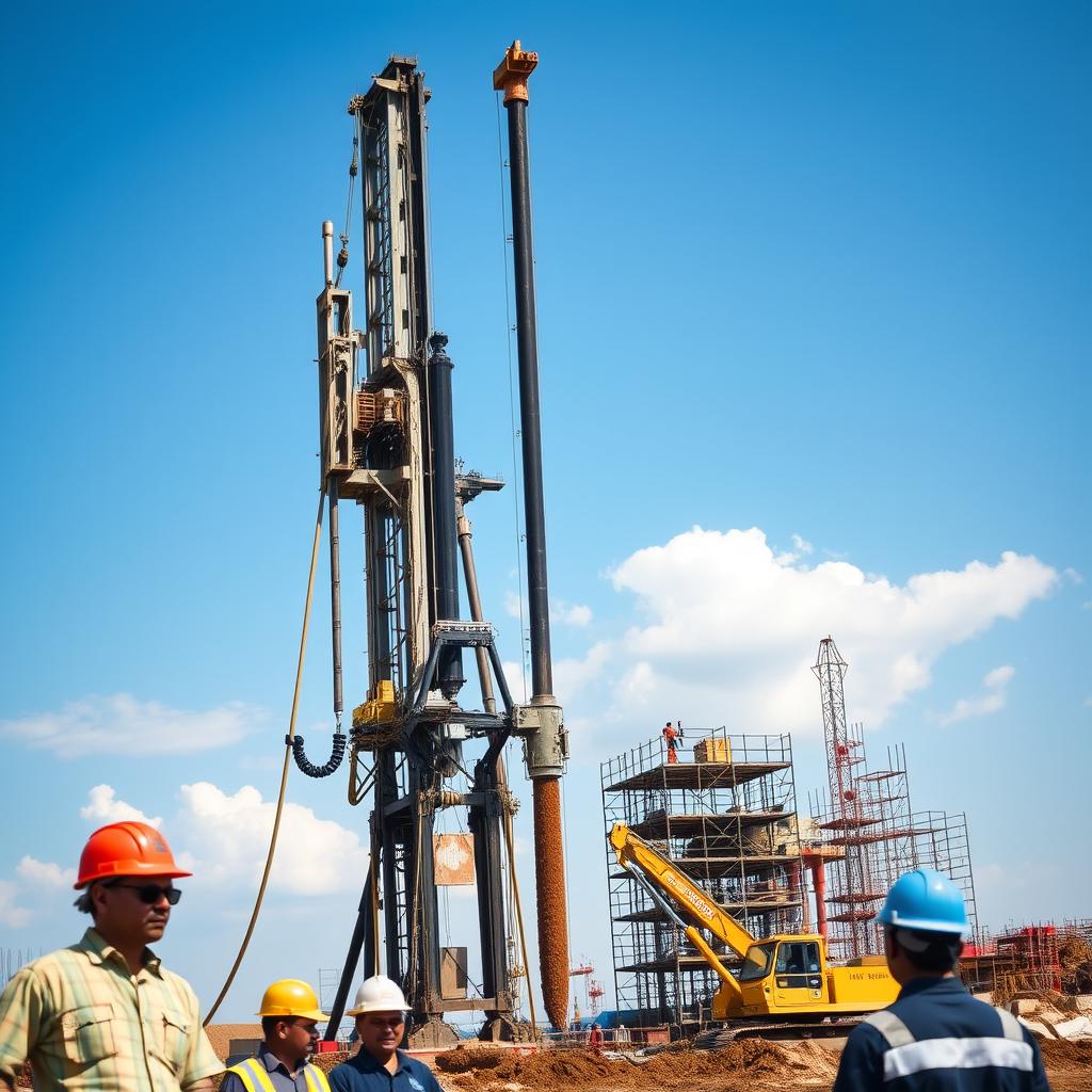 A towering Hadiwijaya Bore Pile rig, its powerful drill bit biting into the earth, stands resolute against a cloudless azure sky. The sturdy steel frame and hydraulic arms convey a sense of industrial might, their intricate mechanisms working in concert to bore deep into the foundation. In the foreground, workers in hard hats and safety gear oversee the precise operation, their expressions focused and determined. The mid-ground reveals the broader construction site, with other heavy machinery and scaffolding, all leading the eye towards the central rig - the beating heart of this efficient foundation-laying process. The overall scene exudes a sense of progress, innovation, and unwavering commitment to building a strong, stable structure. A towering Hadiwijaya Bore Pile rig, its powerful drill bit biting into the earth, stands resolute against a cloudless azure sky. The sturdy steel frame and hydraulic arms convey a sense of industrial might, their intricate mechanisms working in concert to bore deep into the foundation. In the foreground, workers in hard hats and safety gear oversee the precise operation, their expressions focused and determined. The mid-ground reveals the broader construction site, with other heavy machinery and scaffolding, all leading the eye towards the central rig - the beating heart of this efficient foundation-laying process. The overall scene exudes a sense of progress, innovation, and unwavering commitment to building a strong, stable structure.