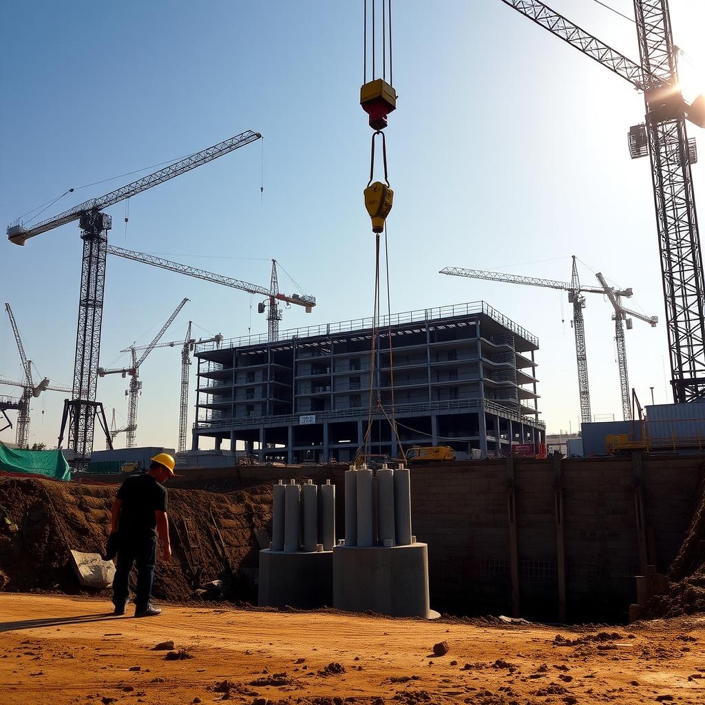 An industrial construction site featuring the Hadiwijaya Bore Pile system, a specialized foundation solution. In the foreground, a team of skilled workers carefully assembling the reinforced concrete piles, their silhouettes backlit by the warm sun. In the middle ground, a large crane gently lowers a section of the Hadiwijaya Bore Pile into the excavated foundation, its precision engineering and sturdy design evident. The background showcases the broader construction project, with cranes, scaffolding, and the partially completed structure rising skyward. The scene conveys a sense of coordinated progress, with the Hadiwijaya Bore Pile playing a vital role in the stable and reliable foundation of the building. An industrial construction site featuring the Hadiwijaya Bore Pile system, a specialized foundation solution. In the foreground, a team of skilled workers carefully assembling the reinforced concrete piles, their silhouettes backlit by the warm sun. In the middle ground, a large crane gently lowers a section of the Hadiwijaya Bore Pile into the excavated foundation, its precision engineering and sturdy design evident. The background showcases the broader construction project, with cranes, scaffolding, and the partially completed structure rising skyward. The scene conveys a sense of coordinated progress, with the Hadiwijaya Bore Pile playing a vital role in the stable and reliable foundation of the building.