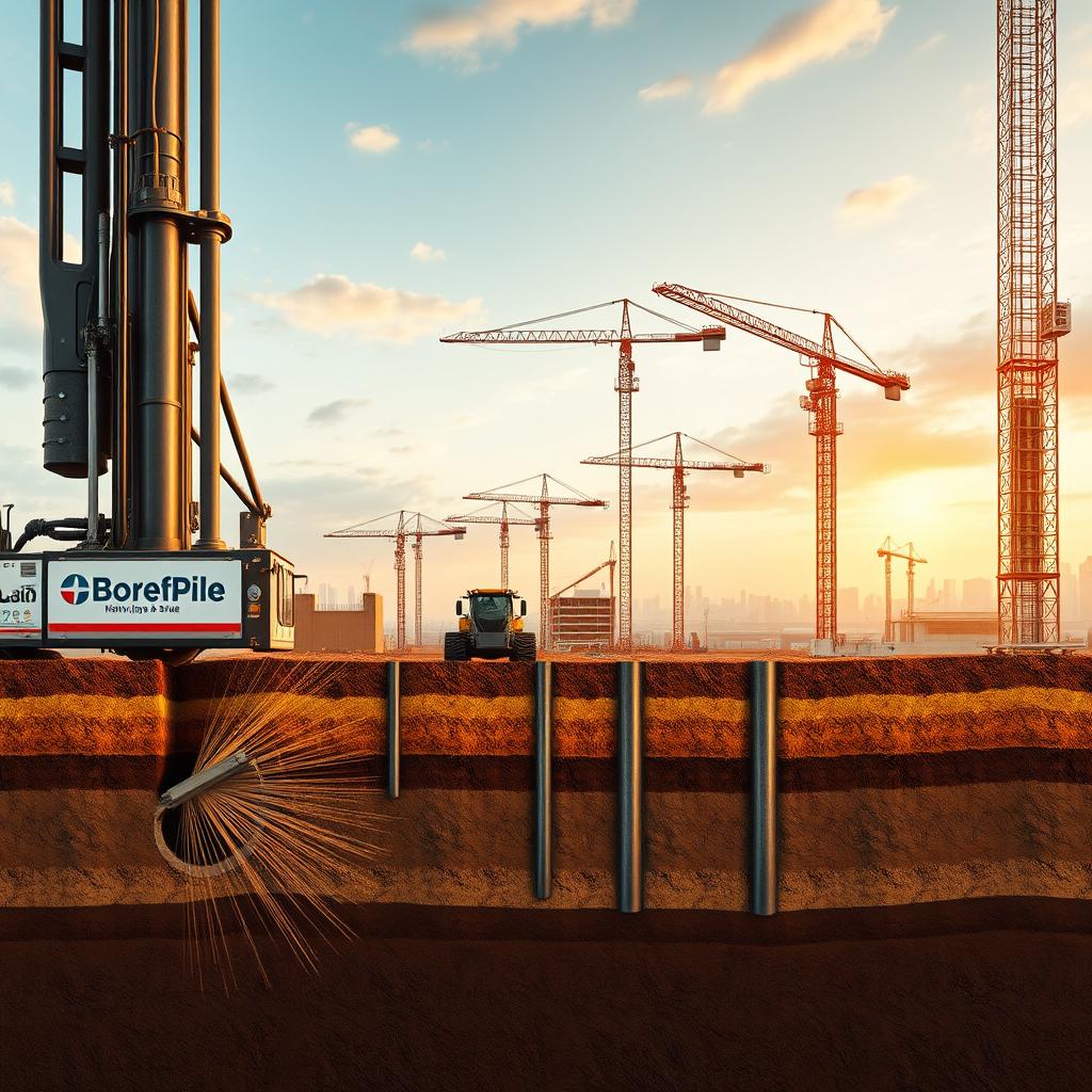 Detailed cross-section of the evolution of bored pile foundation construction techniques. In the foreground, a massive drill rig with the Hadiwijaya Bore Pile brand prominently displayed, cutting through layers of soil and rock. The middle ground showcases various stages of the bored pile process, from drilling and reinforcement to concrete pouring. The background features a panoramic view of a construction site, with towering cranes and partially completed buildings. Warm, golden lighting illuminates the scene, conveying a sense of progress and industry. The overall composition emphasizes the technical complexity and significance of bored pile foundations in modern building practices. Detailed cross-section of the evolution of bored pile foundation construction techniques. In the foreground, a massive drill rig with the Hadiwijaya Bore Pile brand prominently displayed, cutting through layers of soil and rock. The middle ground showcases various stages of the bored pile process, from drilling and reinforcement to concrete pouring. The background features a panoramic view of a construction site, with towering cranes and partially completed buildings. Warm, golden lighting illuminates the scene, conveying a sense of progress and industry. The overall composition emphasizes the technical complexity and significance of bored pile foundations in modern building practices.