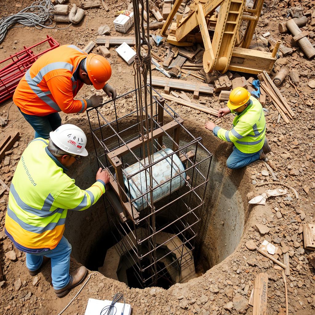 Pemasangan besi tulangan dan pipa tremi pada lubang bore pile Pemasangan besi tulangan dan pipa tremi pada lubang bore pile