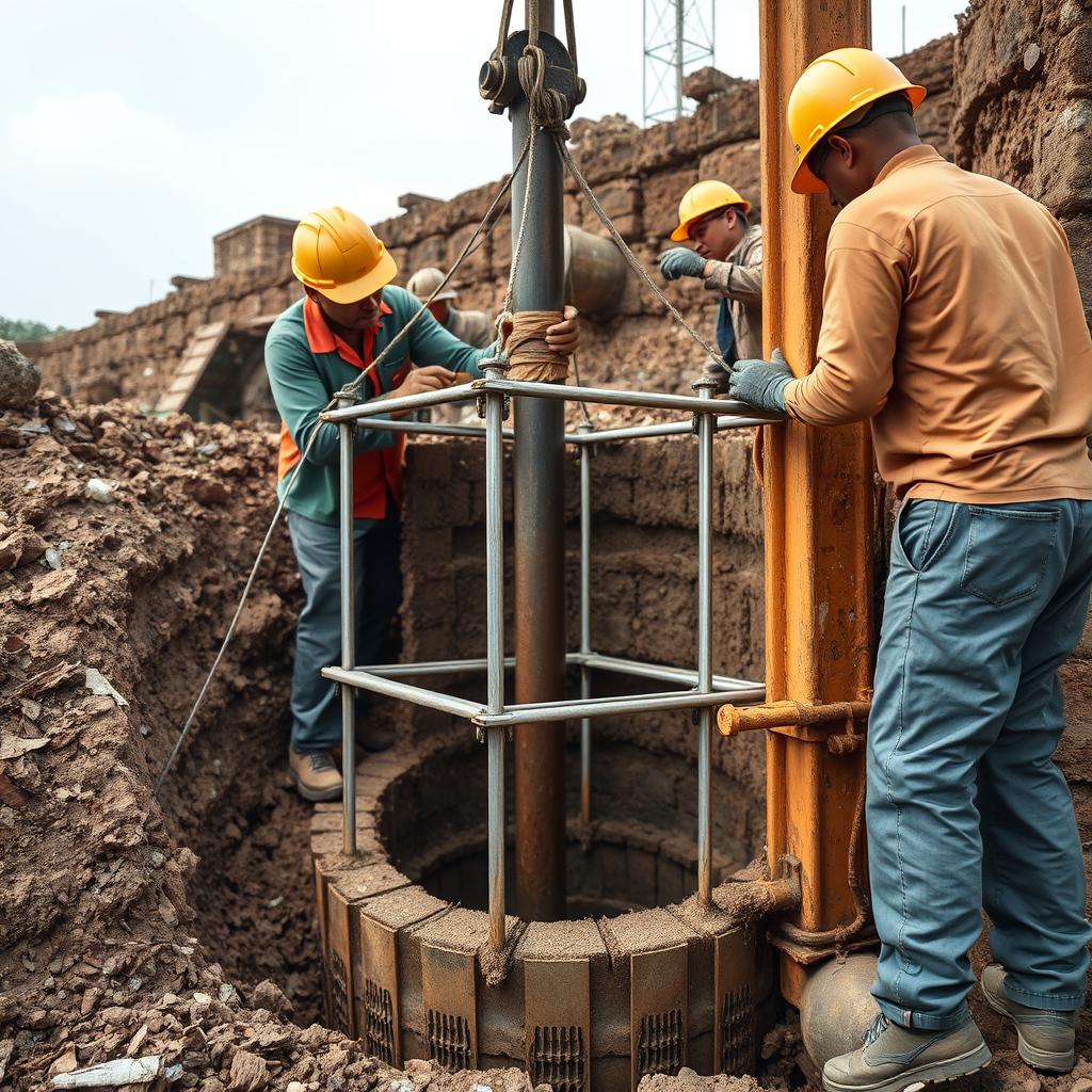 Pemasangan tulangan besi untuk Strauss Pile Manual yang telah difabrikasi dengan rapi Pemasangan tulangan besi untuk Strauss Pile Manual yang telah difabrikasi dengan rapi