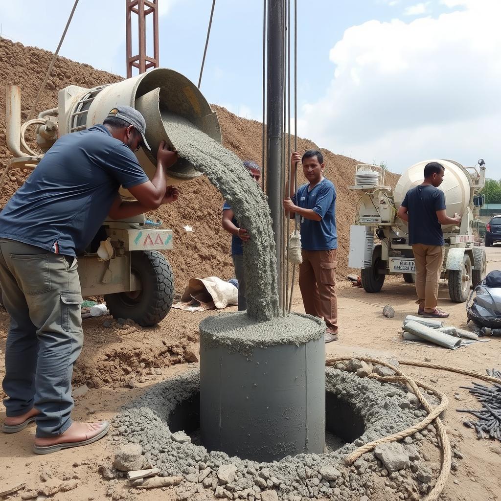 Pengecoran beton untuk mengisi lubang Strauss Pile Manual yang telah dibor Pengecoran beton untuk mengisi lubang Strauss Pile Manual yang telah dibor