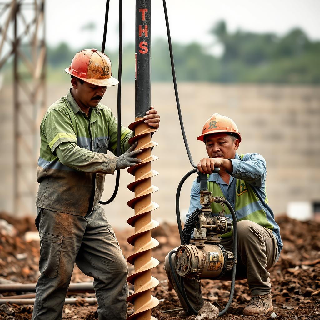 Proses pengeboran tanah dengan teknik Strauss Pile Manual oleh dua orang tenaga ahli Proses pengeboran tanah dengan teknik Strauss Pile Manual oleh dua orang tenaga ahli