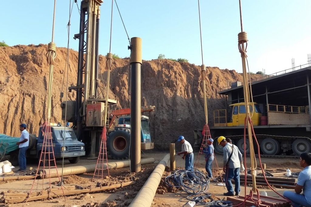 Sistem Bore Pile Gawangan dengan tambang pengaman di kedua sisi Sistem Bore Pile Gawangan dengan tambang pengaman di kedua sisi